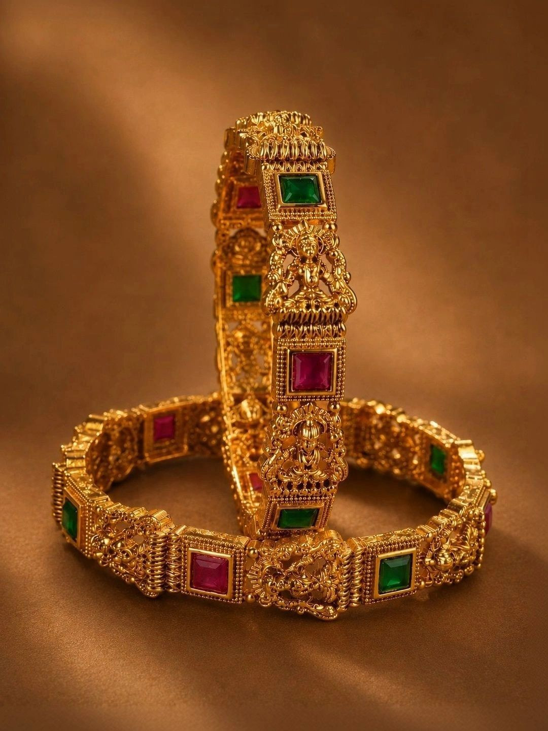SUGARFRILL Temple Set of 2 Ruby Pink & Green Square Bangles