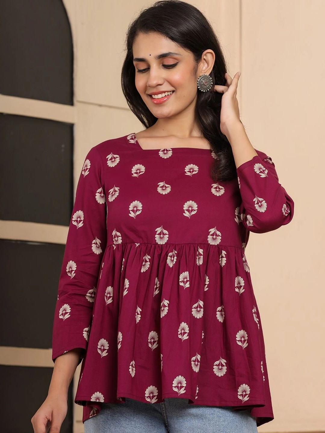 KALINI Floral Print Cotton Peplum Top