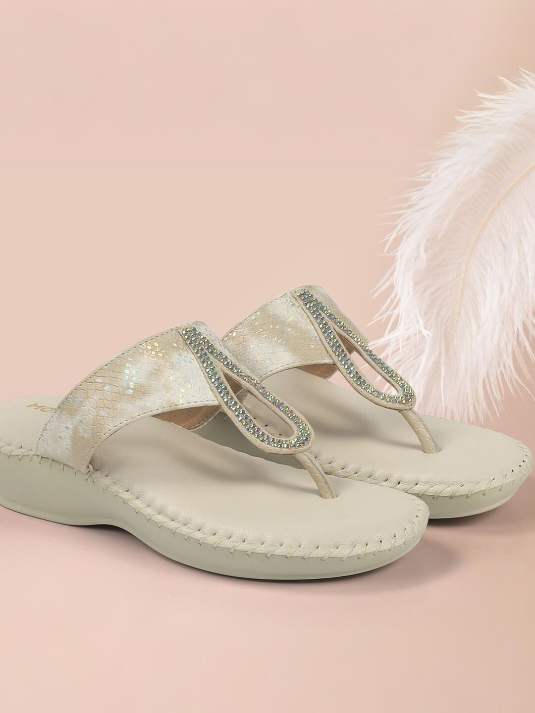 Mochi Womens Beige Embellished Comfort Ethnic T- Strap Flat