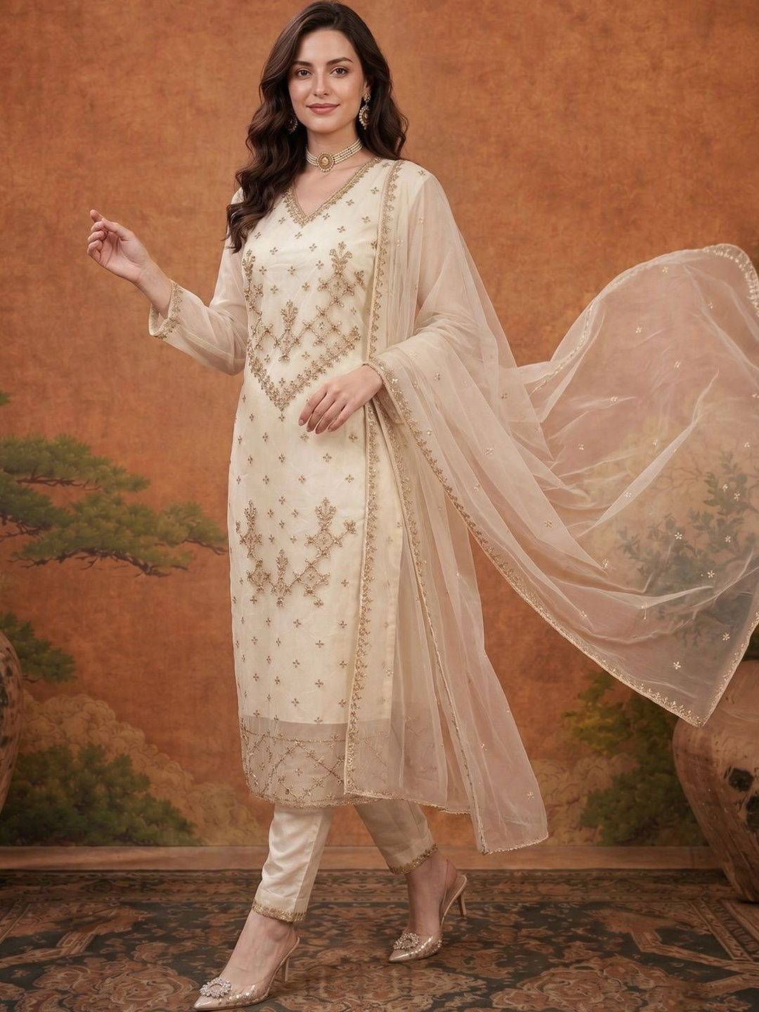 Sangria Women Ethnic Motifs Embroidered Regular Kurta with Trousers & With Dupatta