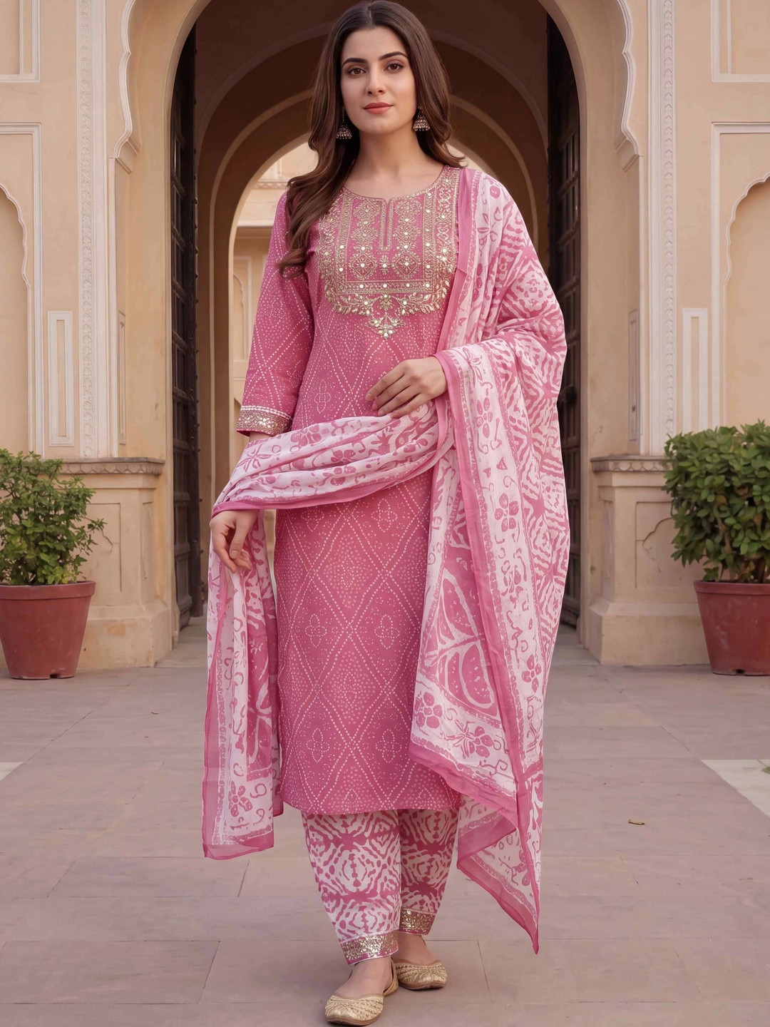 Balyx Women Ethnic Motifs Dyed Regular Mirror Work Pure Cotton Kurta with Trousers & With Dupatta