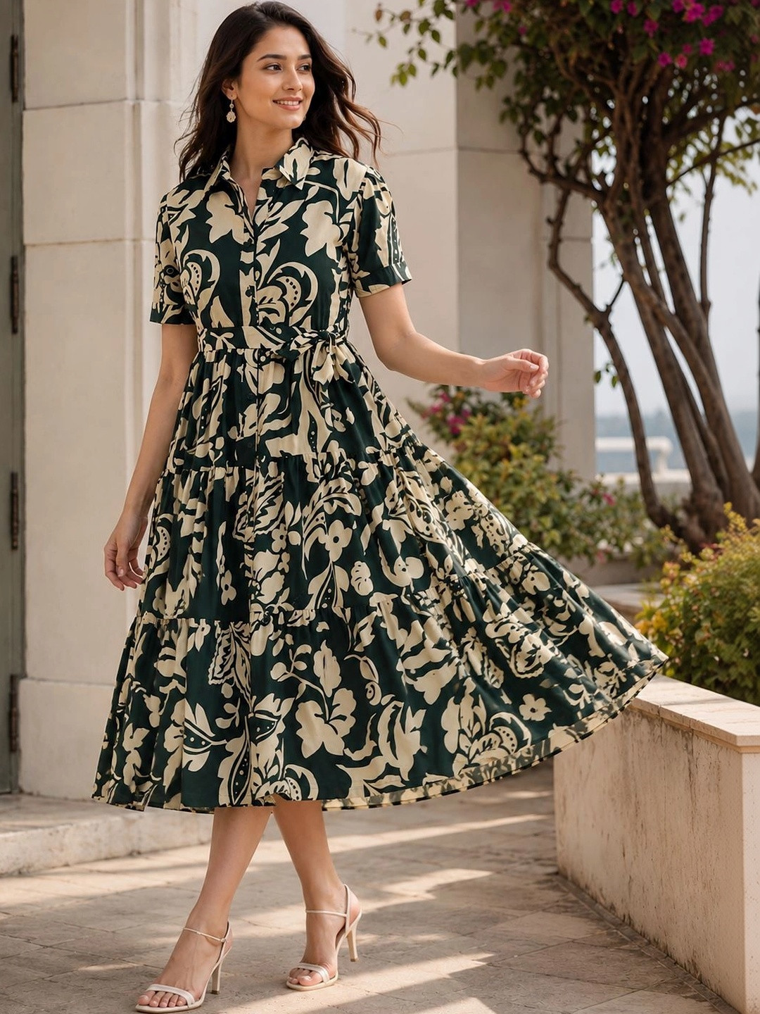 Manqsh by Claura Floral Print A-Line Midi Dress