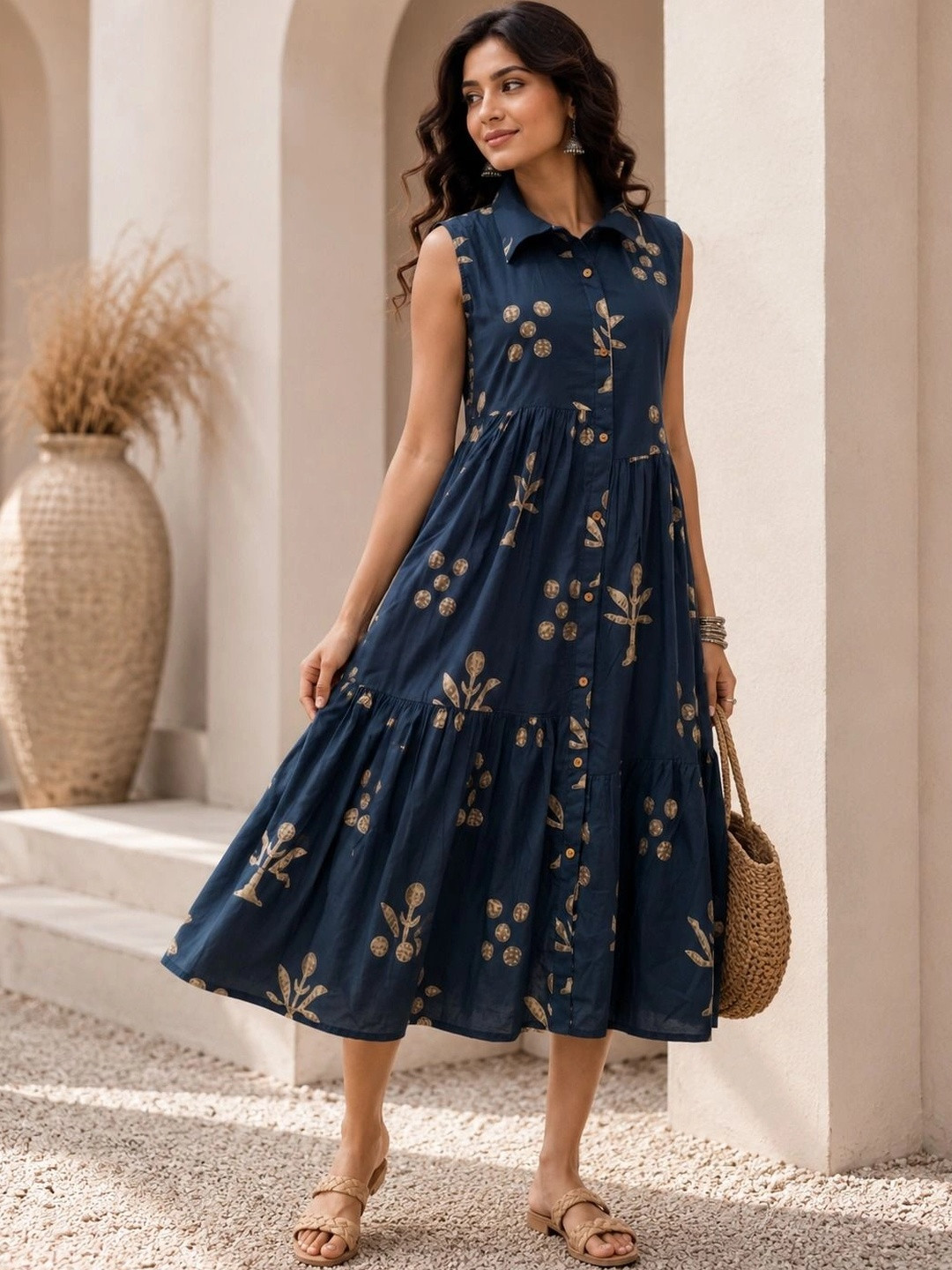 Sangria Ethnic Motifs Print A-Line Midi Dress