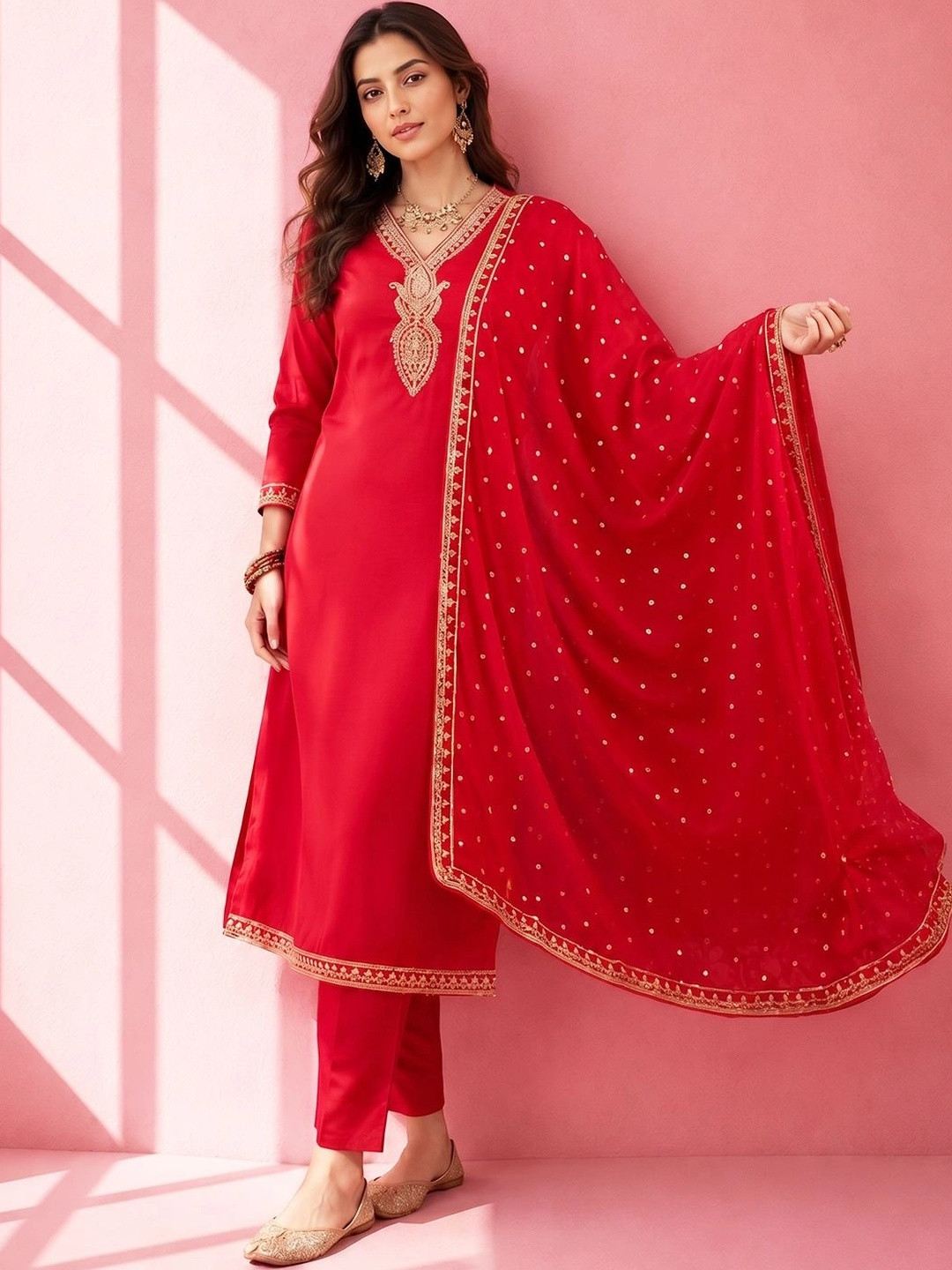 SACi Women Ethnic Motifs Embroidered Regular Kurta with Trousers & With Dupatta