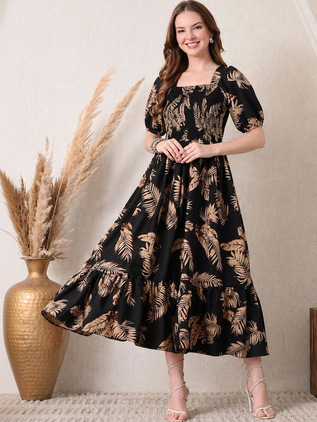 Black Tropical Print Puff Sleeve Midi Dress
