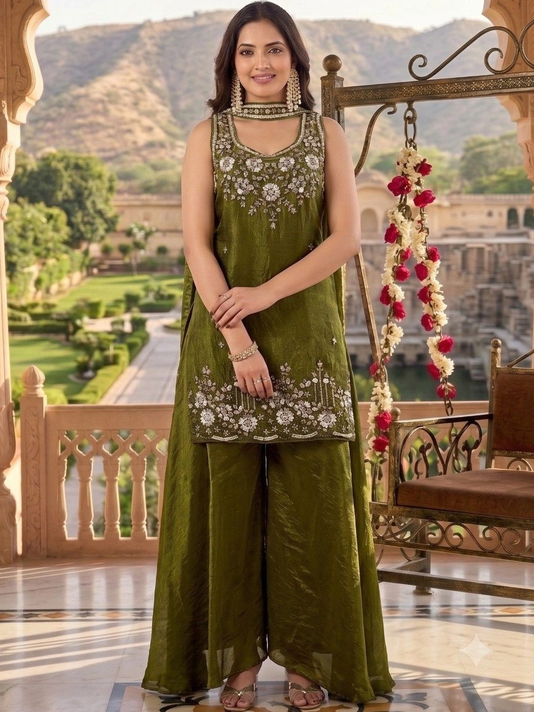 BOUNCER Women Floral Regular Sequinned Pure Silk Kurta with Palazzos & With Dupatta