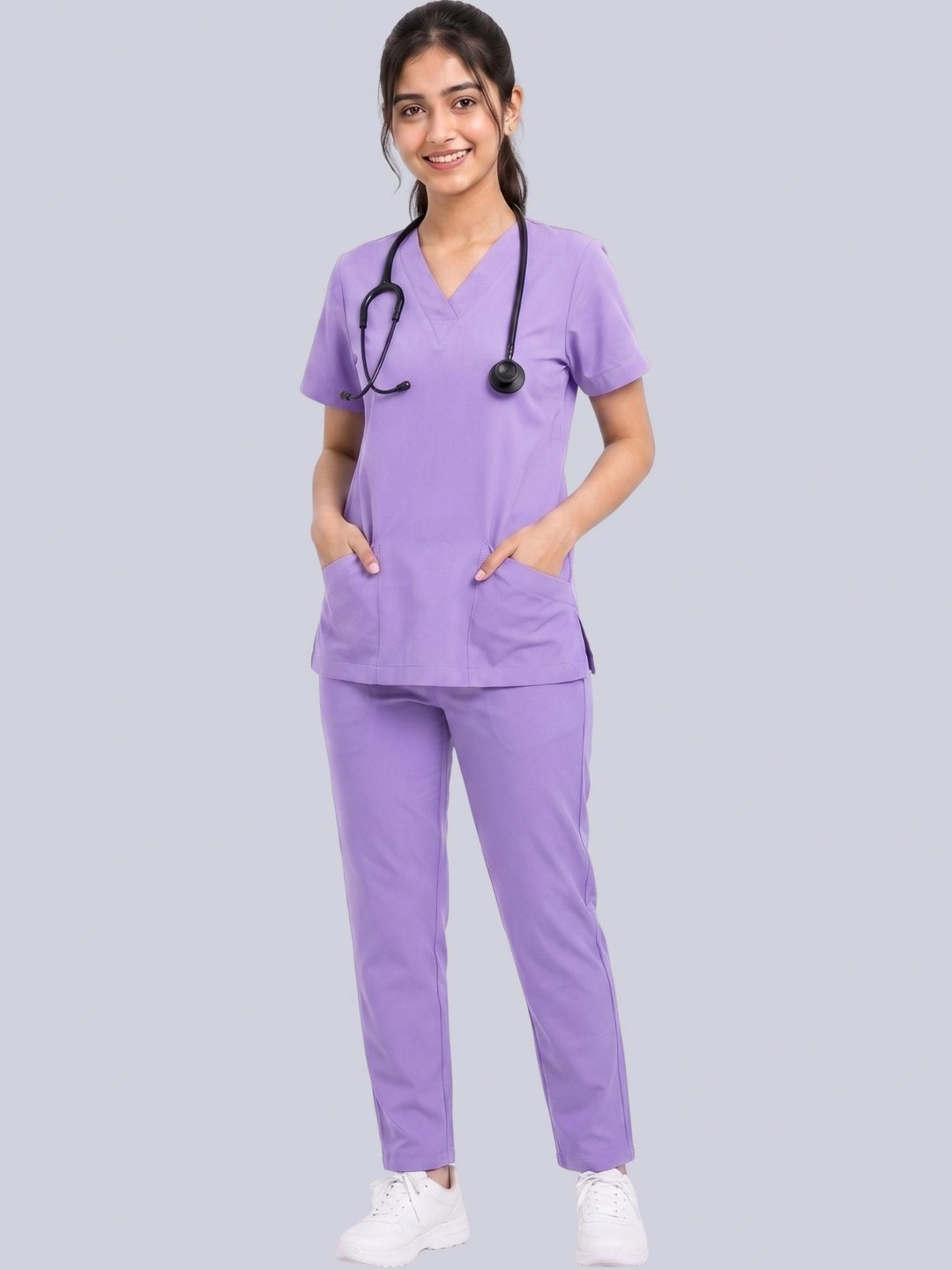 MAFATLAL Women Classic Solid All Day Comfort Cotton 4-Pocket Scrub Set