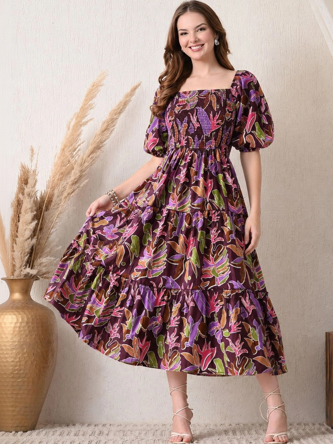 SZN Floral Print Puff Sleeve Crepe A-Line Midi Dress