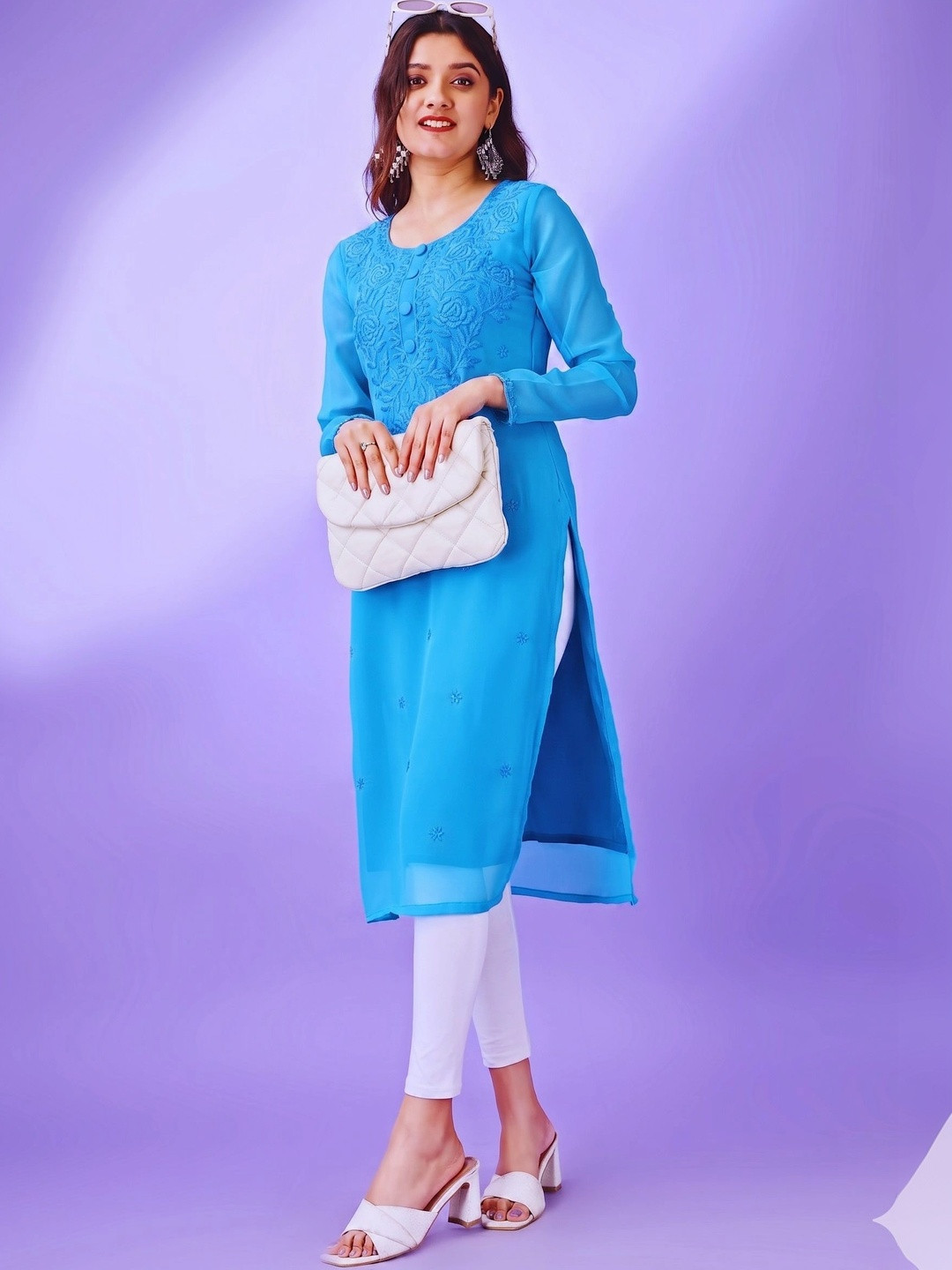 HESVI Ethnic Motifs Embroidered Chikankari Pure Georgette Chikankari Kurti