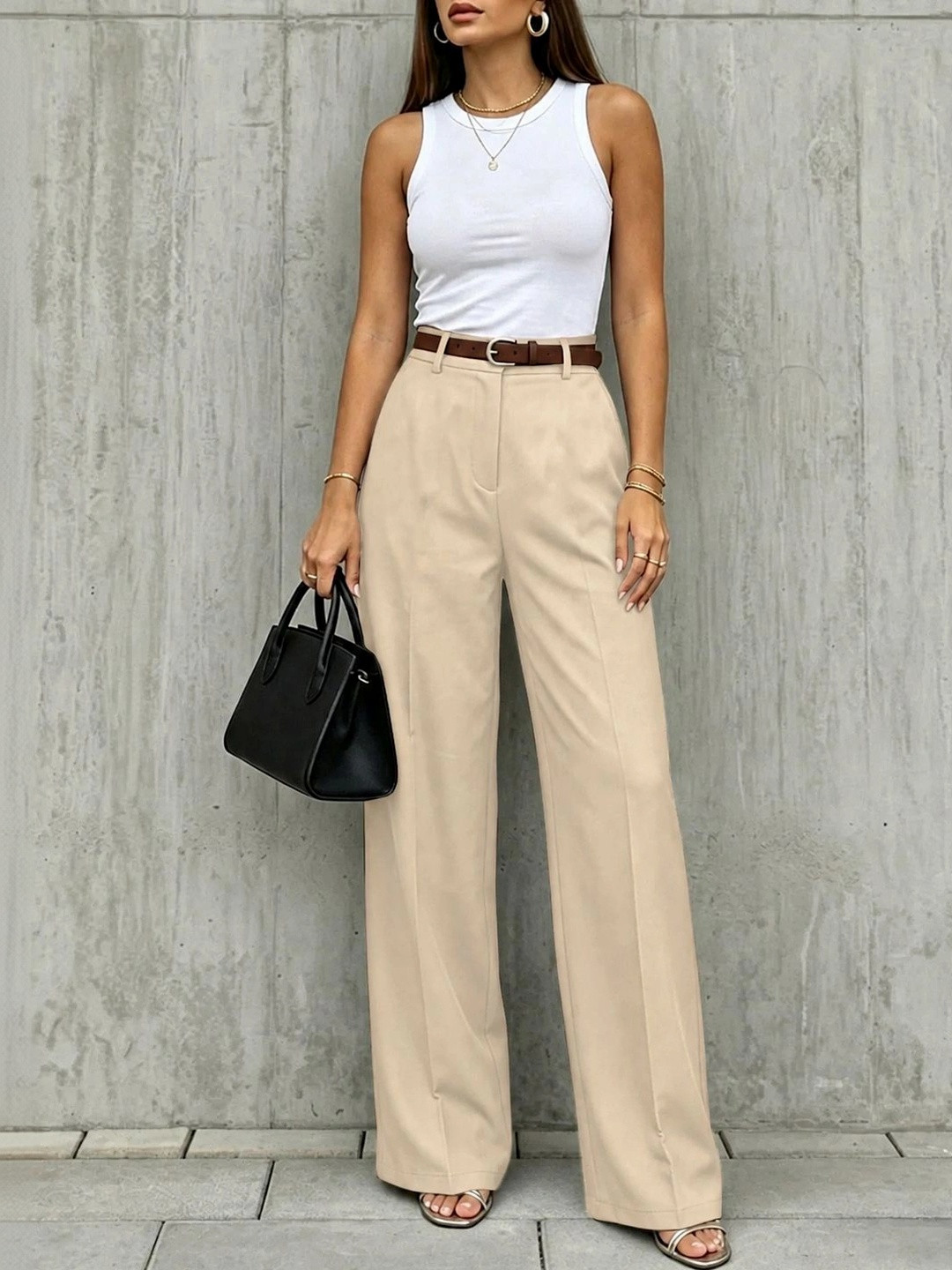 CREZYVEZY Women Relaxed Straight Leg High-Rise Easy Wash Trousers