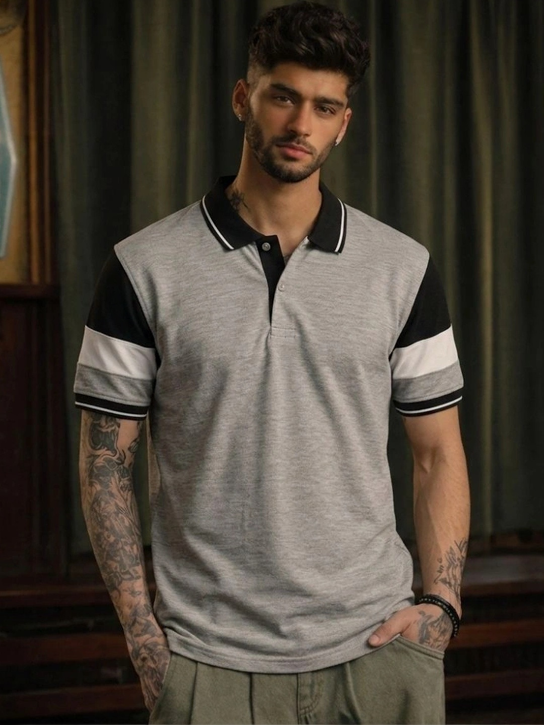 TeeVybe Men Colourblocked Printed Polo Collar T-shirt