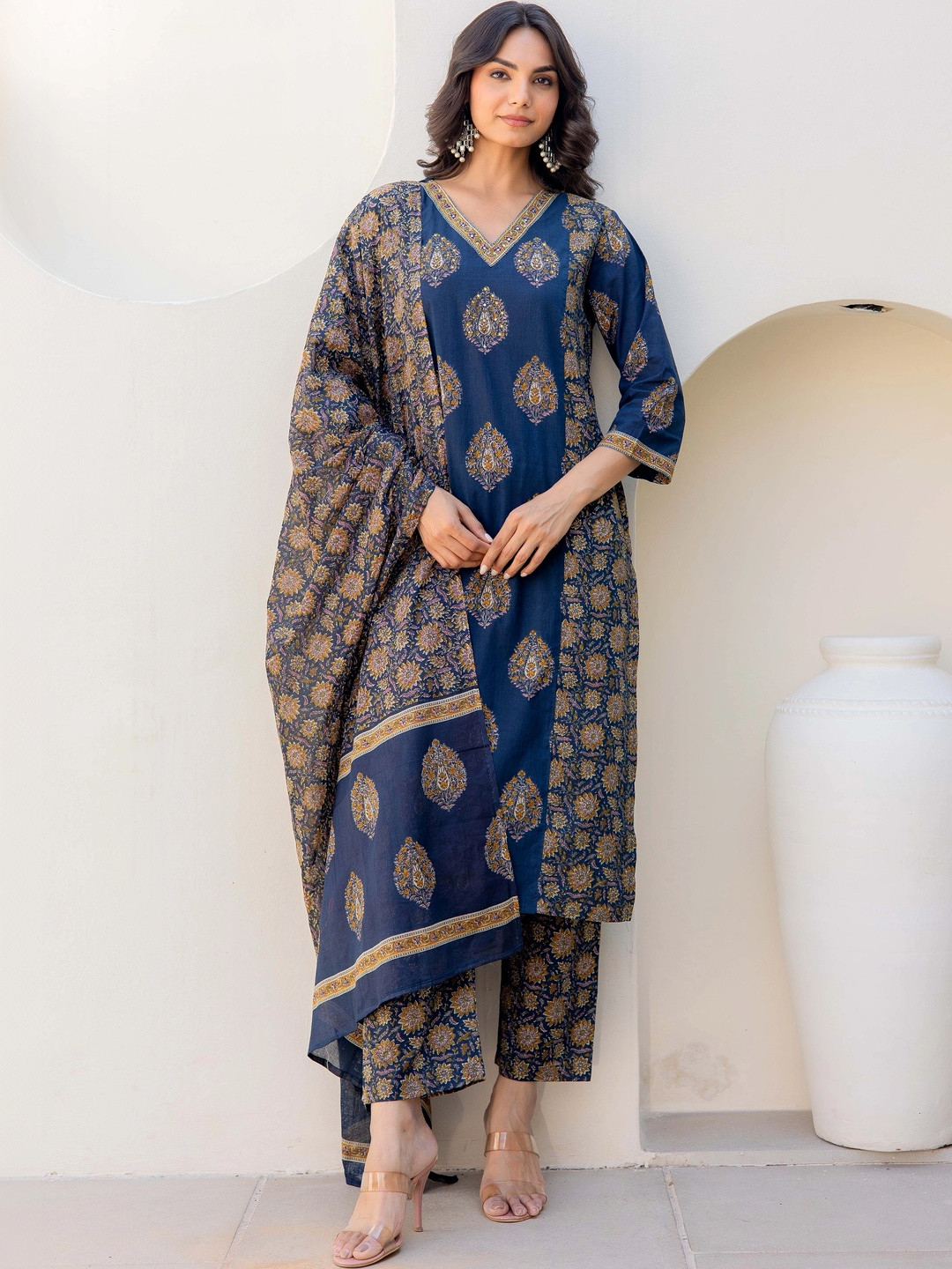 LABEL ADRIJA Women Ethnic Motifs Printed Regular Pure Cotton Kurta with Trousers & With Dupatta