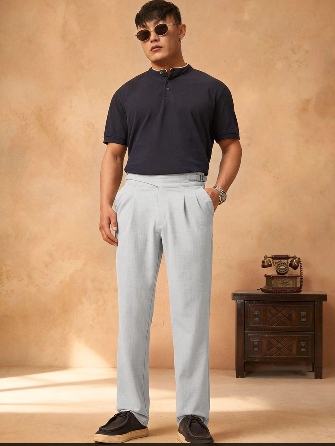 The Souled Store Mens Steel Grey Straight Fit Super Flex Gurkha Pant