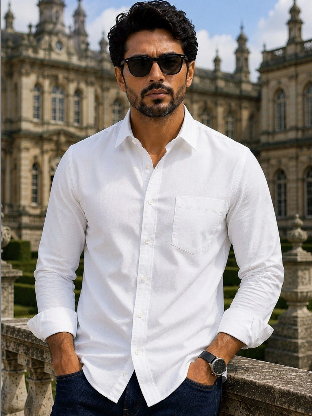 Foomer Men Cotton Solid White Standard Casual Shirt
