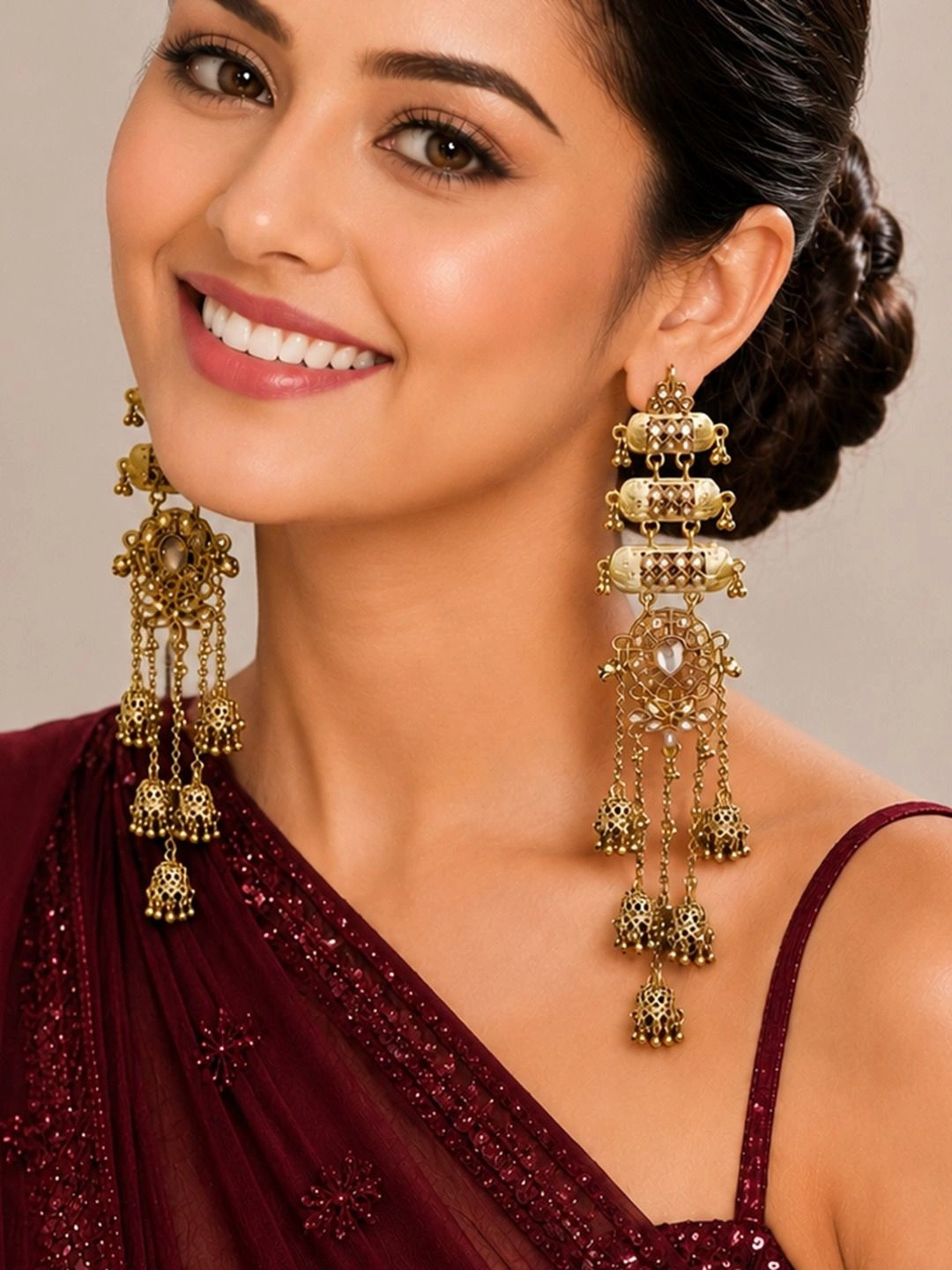 OOMPH Gold Champagne Mehndi Tone Ghungroo Kashmiri Long Earrings
