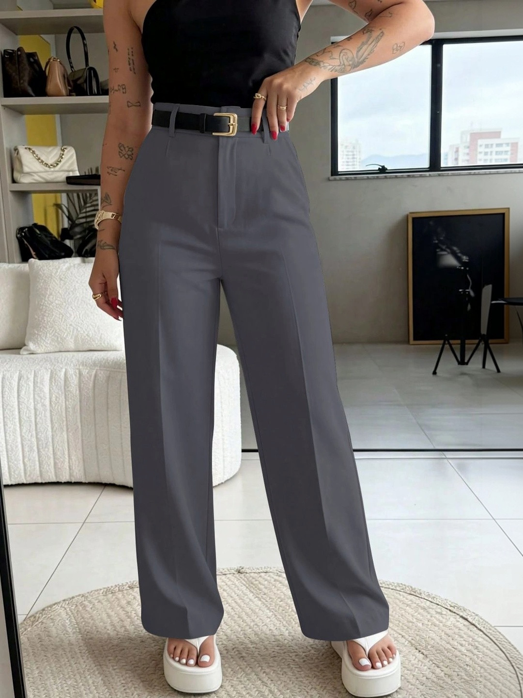 BAESD Women Relaxed Straight Leg High-Rise Easy Wash Trousers
