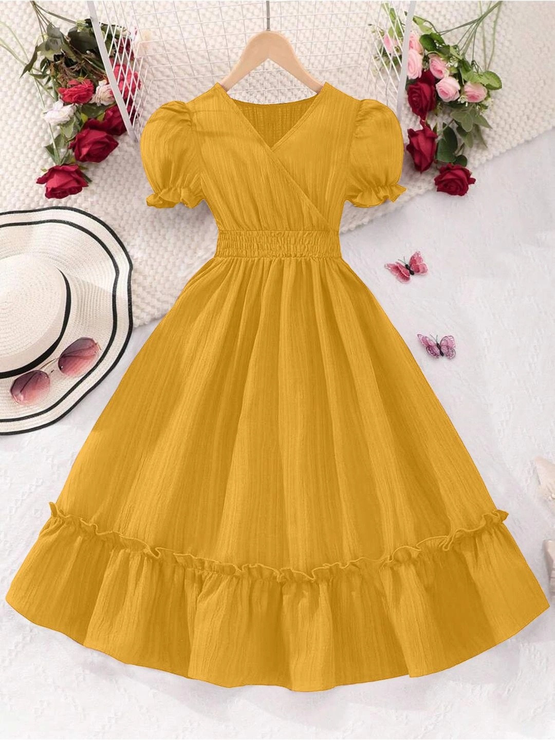 STYLE CONNECT Puff Sleeve Ruffled A-Line Midi Dress