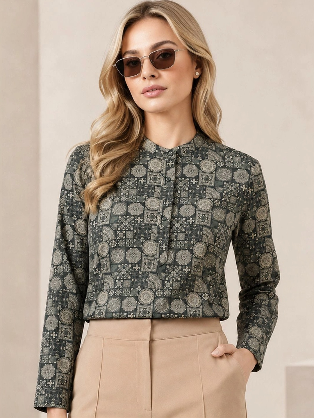 Hancock Floral Printed Mandarin Collar Pure Cotton Formal Shirt Style Top