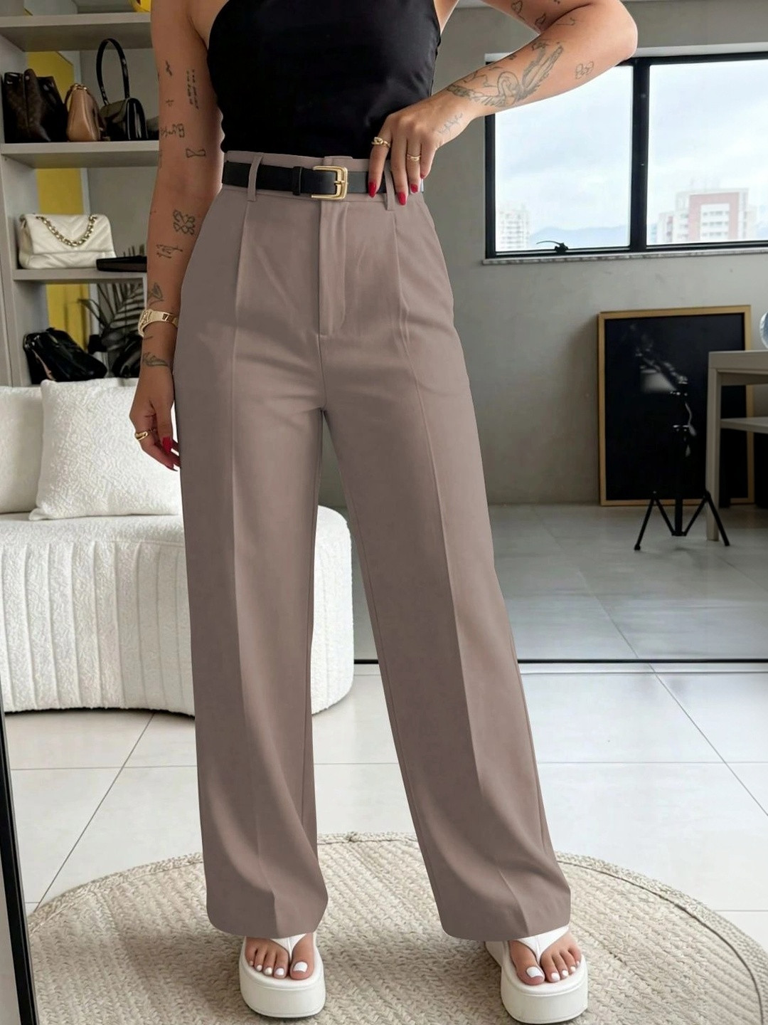 SZN Women Relaxed Straight Leg High-Rise Easy Wash Trousers