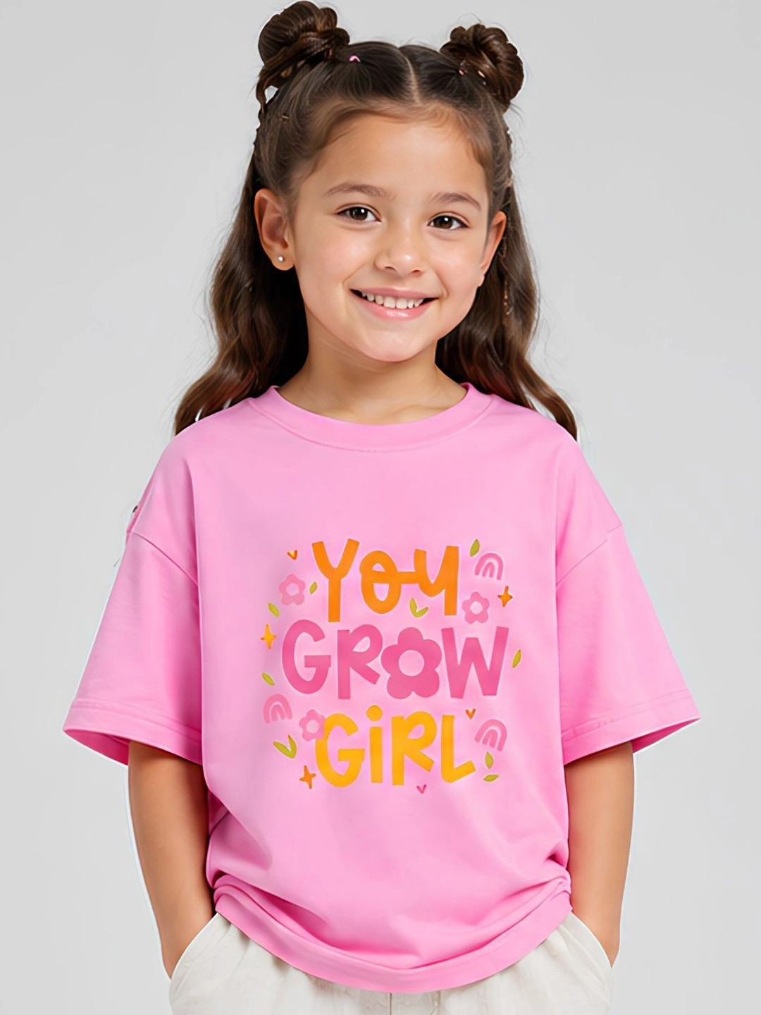 YAK YAK Girls Typography Printed Drop-Shoulder Sleeves T-shirt