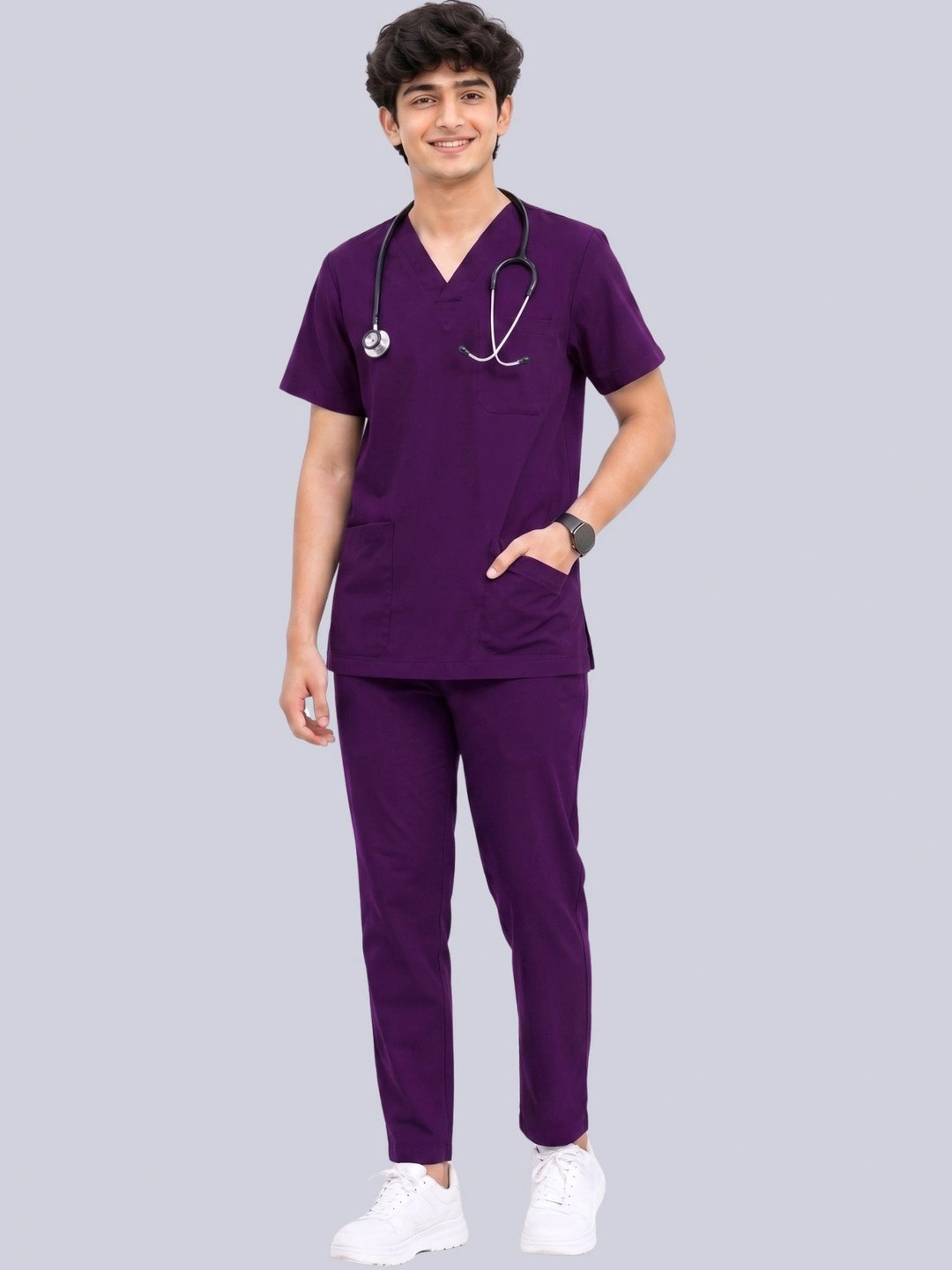 MAFATLAL Unisex Purple Blue Solid Cotton 5-Pocket Scrub Set