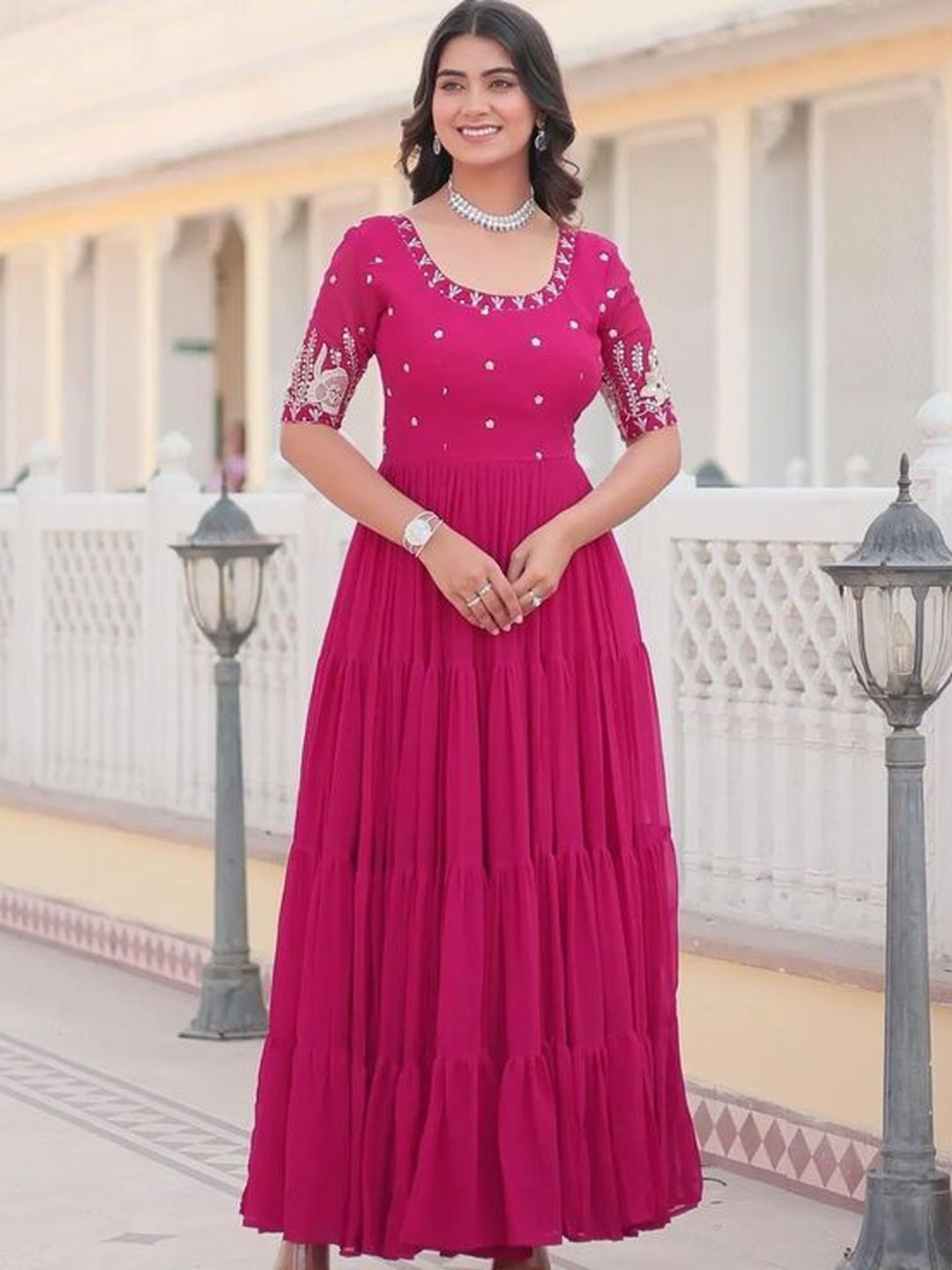LAZZLY Women Ethnic Motifs Embroidered Sequined Round Neck Tiered Maxi Ethnic Dress