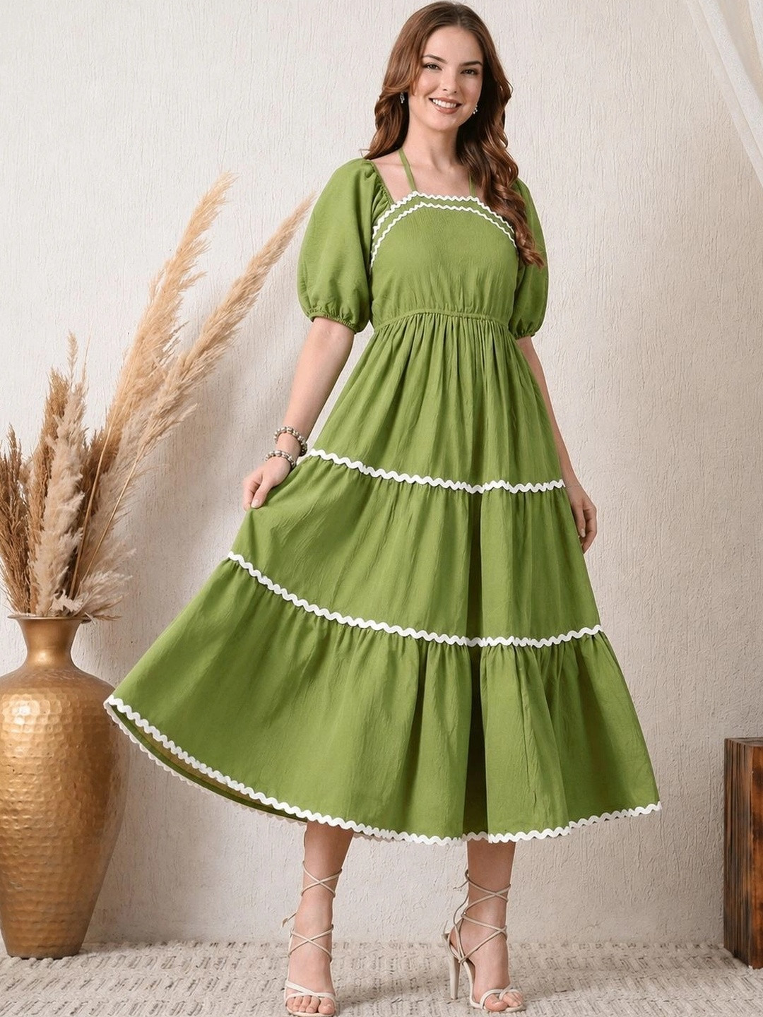 SZN Puff Sleeve Crepe A-Line Midi Dress