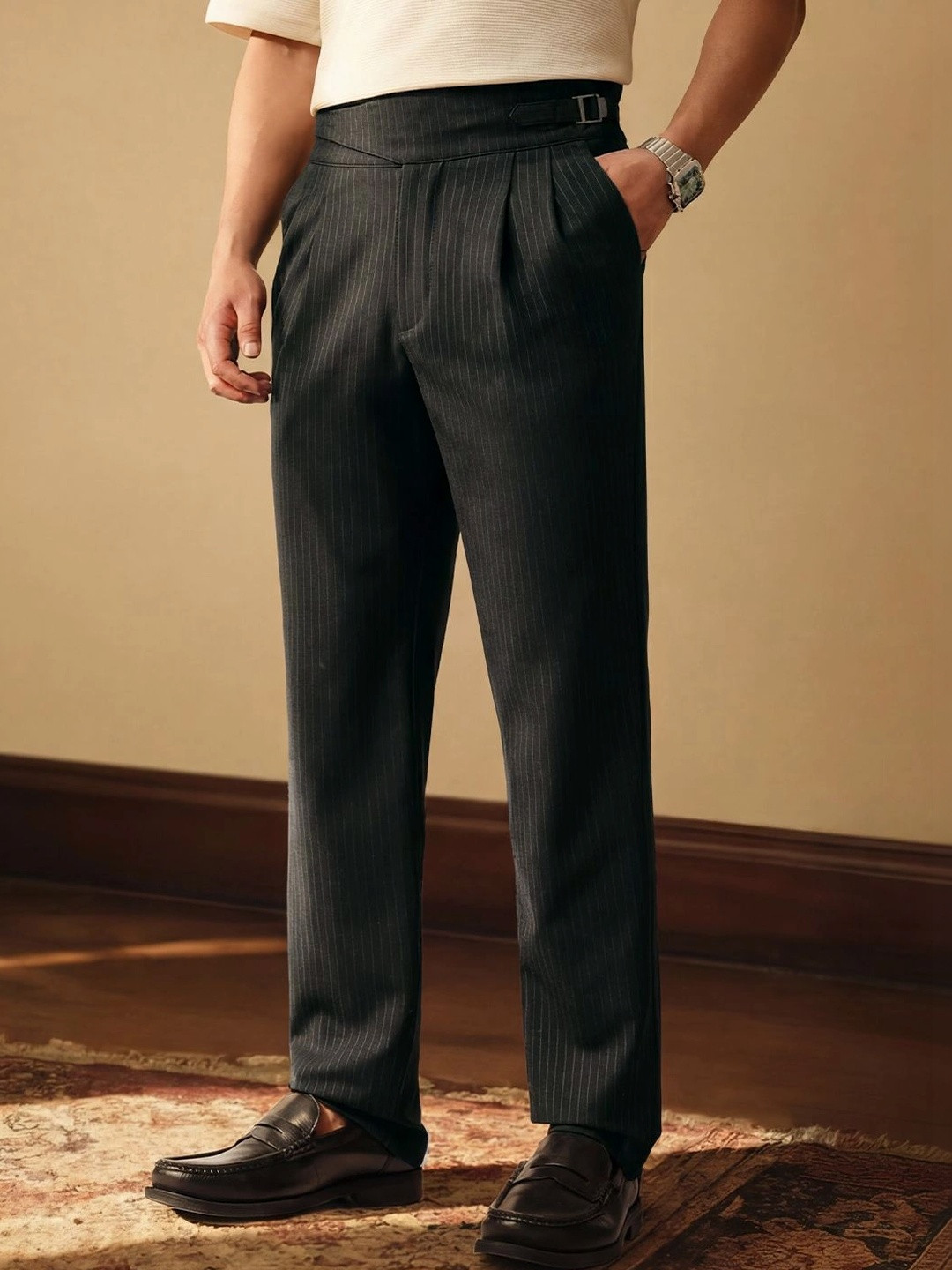 The Souled Store Mens Charcoal Grey Stripes Straight Fit Super Flex Gurkha Pant
