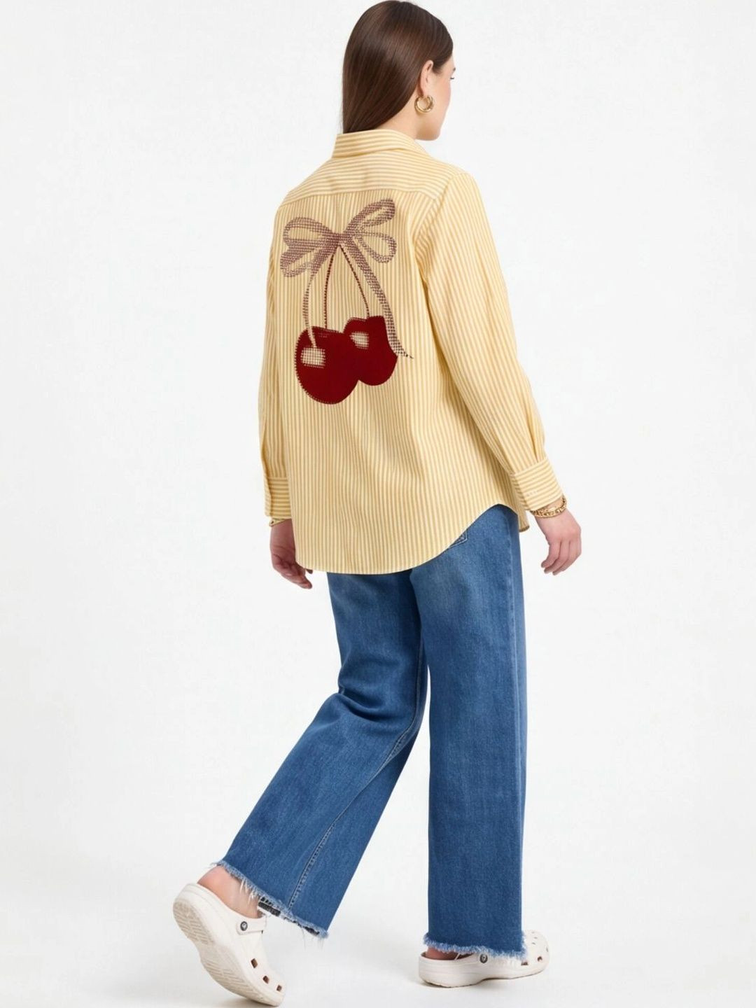 MOKARI Women Yellow Striped Cherry Printed Casual Shirt