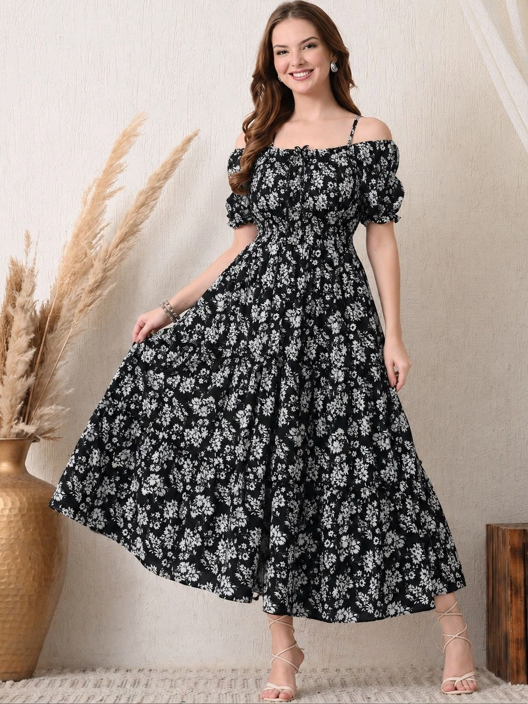 SZN Floral Print Off-Shoulder Puff Sleeve Crepe A-Line Maxi Dress
