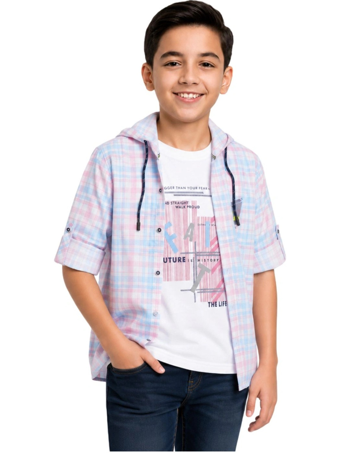 CAVIO Boys Smart Fit Hooded Tartan Checked Opaque Casual Shirt With A T-shirt