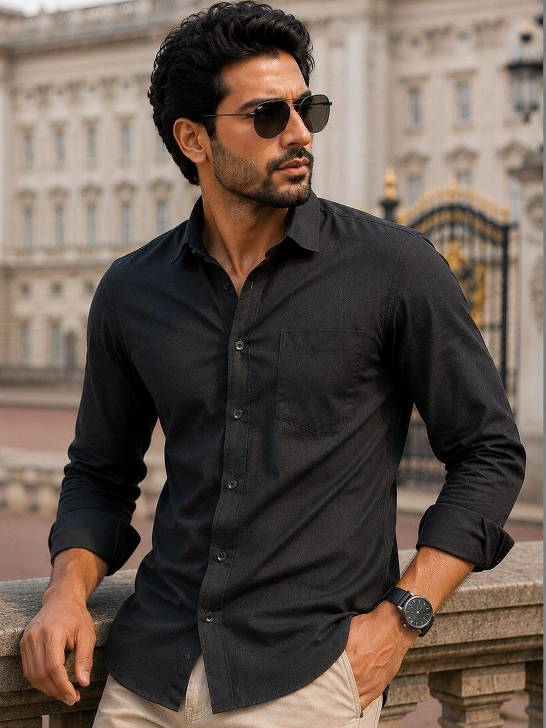 Foomer Men Solid Black Spread Collar Casual Shirt