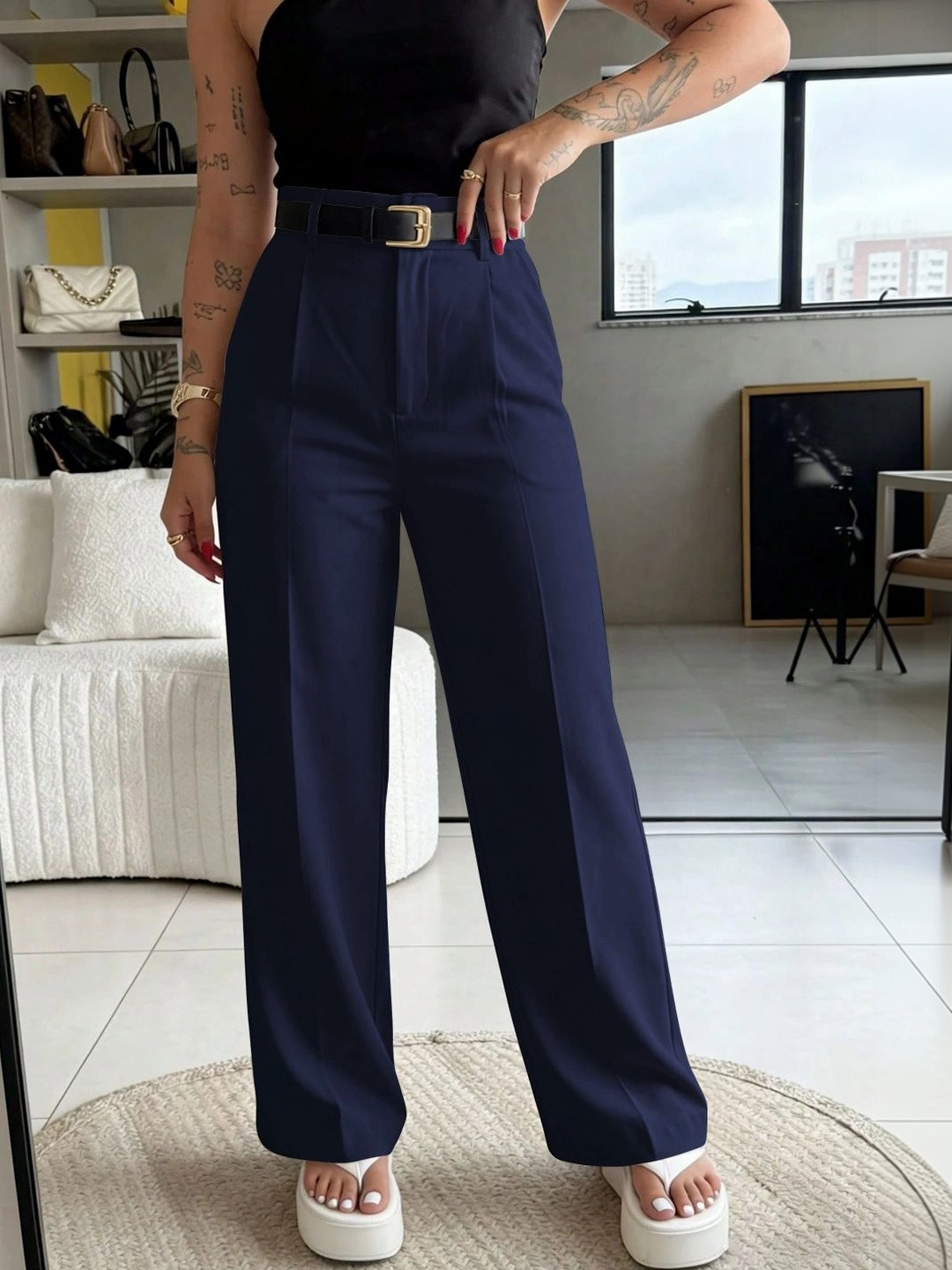 BAESD Women Relaxed Straight Leg High-Rise Easy Wash Trousers