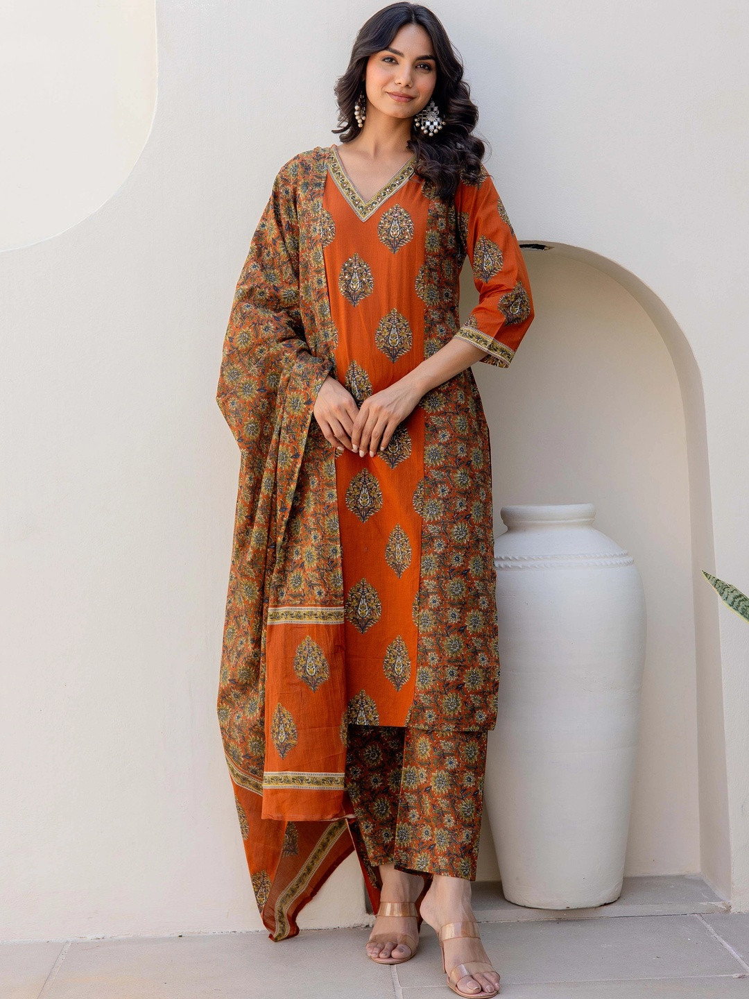 LABEL ADRIJA Women Floral Printed Regular Mirror Work Pure Cotton Kurta with Trousers & With Dupatta
