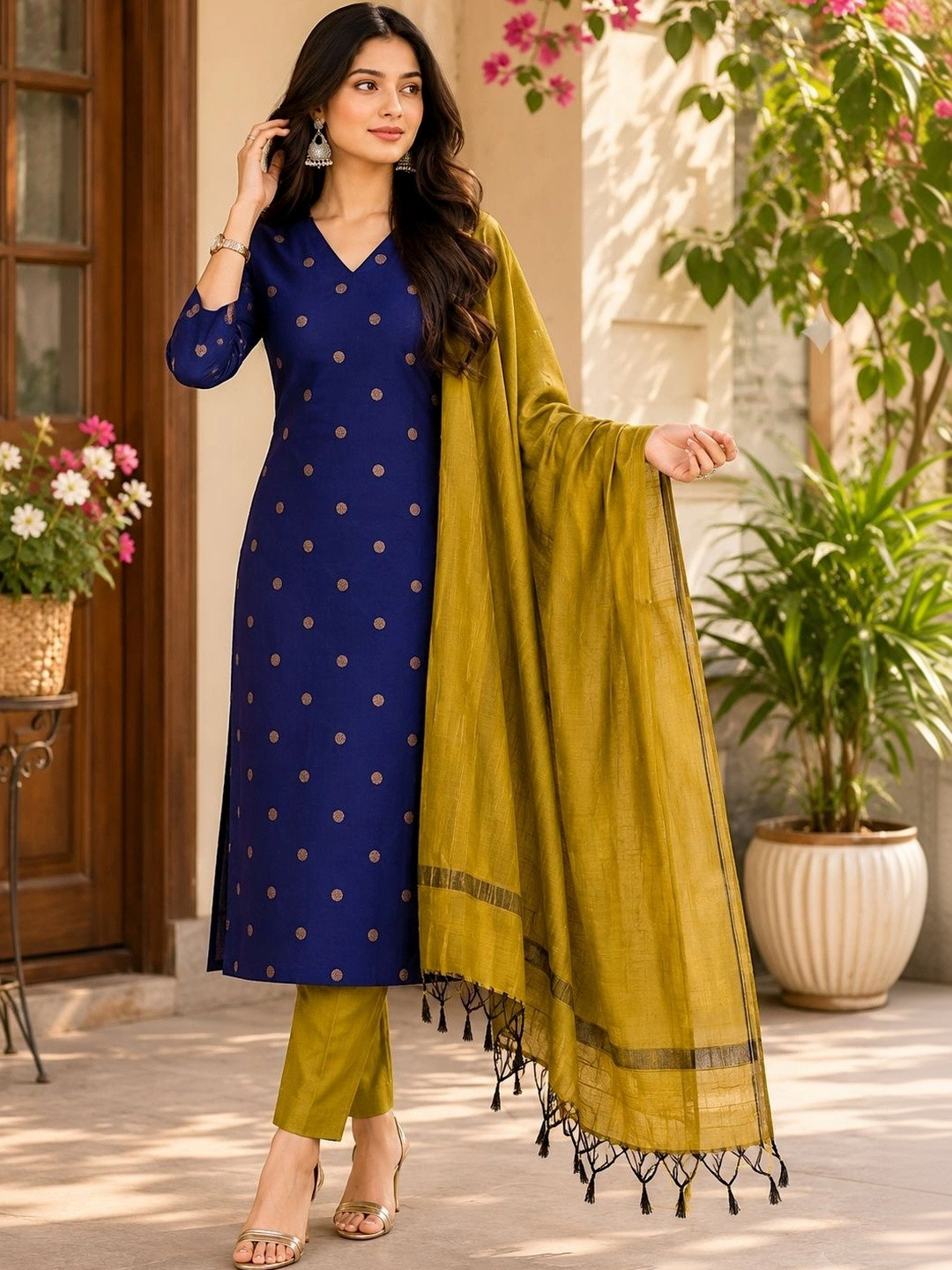 Rahigomar Women V-Neck Printed Viscose Rayon Kurta with Trousers & Dupatta