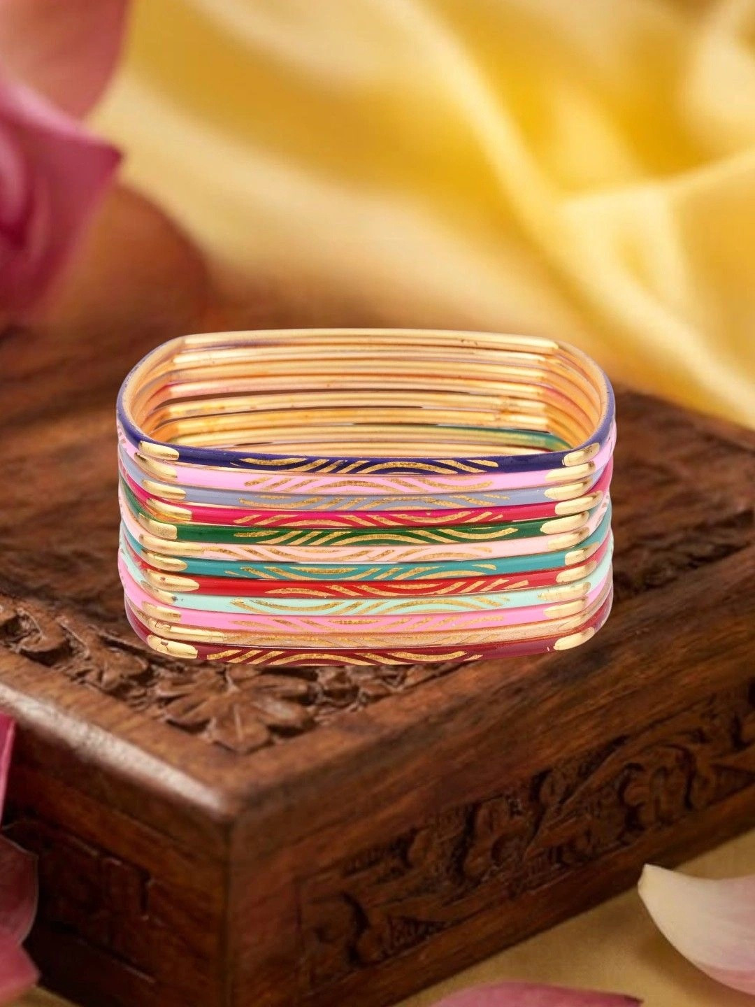 FEMMIBELLA Set Of 12 Gold-Plated Red & Blue Square Shaped Meenakari Bangles