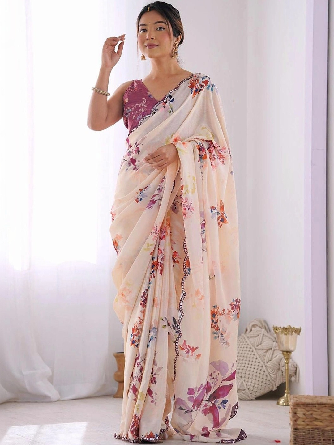 SAMANTHA Floral Mirror Work Pure Georgette Designer Saree