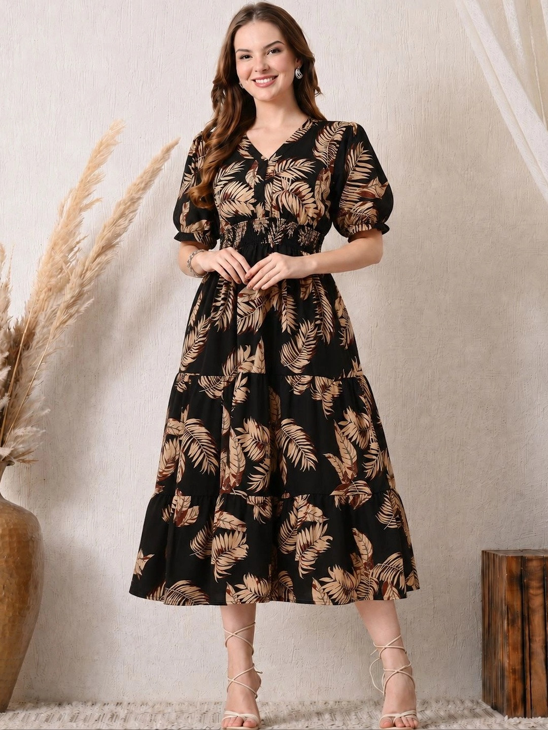Black Tropical Floral Print Puff Sleeve Midi Dress