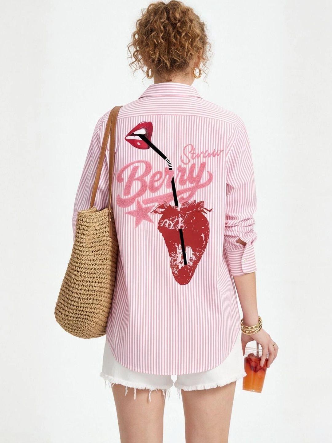 MOKARI Women Pink Striped Berry Printed Casual Shirt