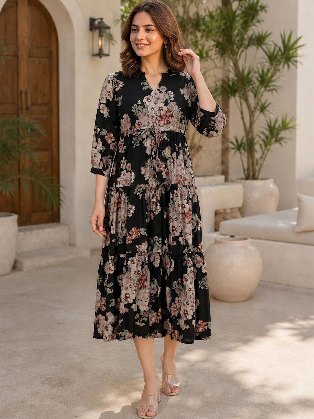 Manqsh by Claura Floral Print A-Line Midi Dress