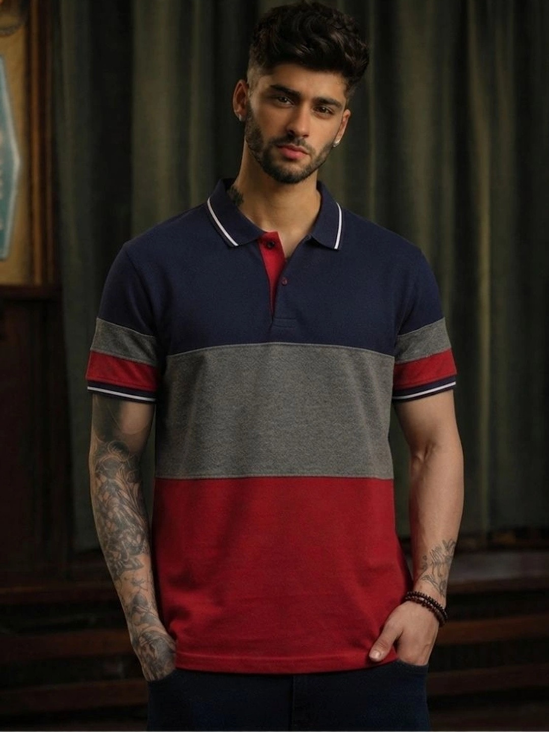 TeeVybe Men Colourblocked Polo Collar Cotton T-shirt