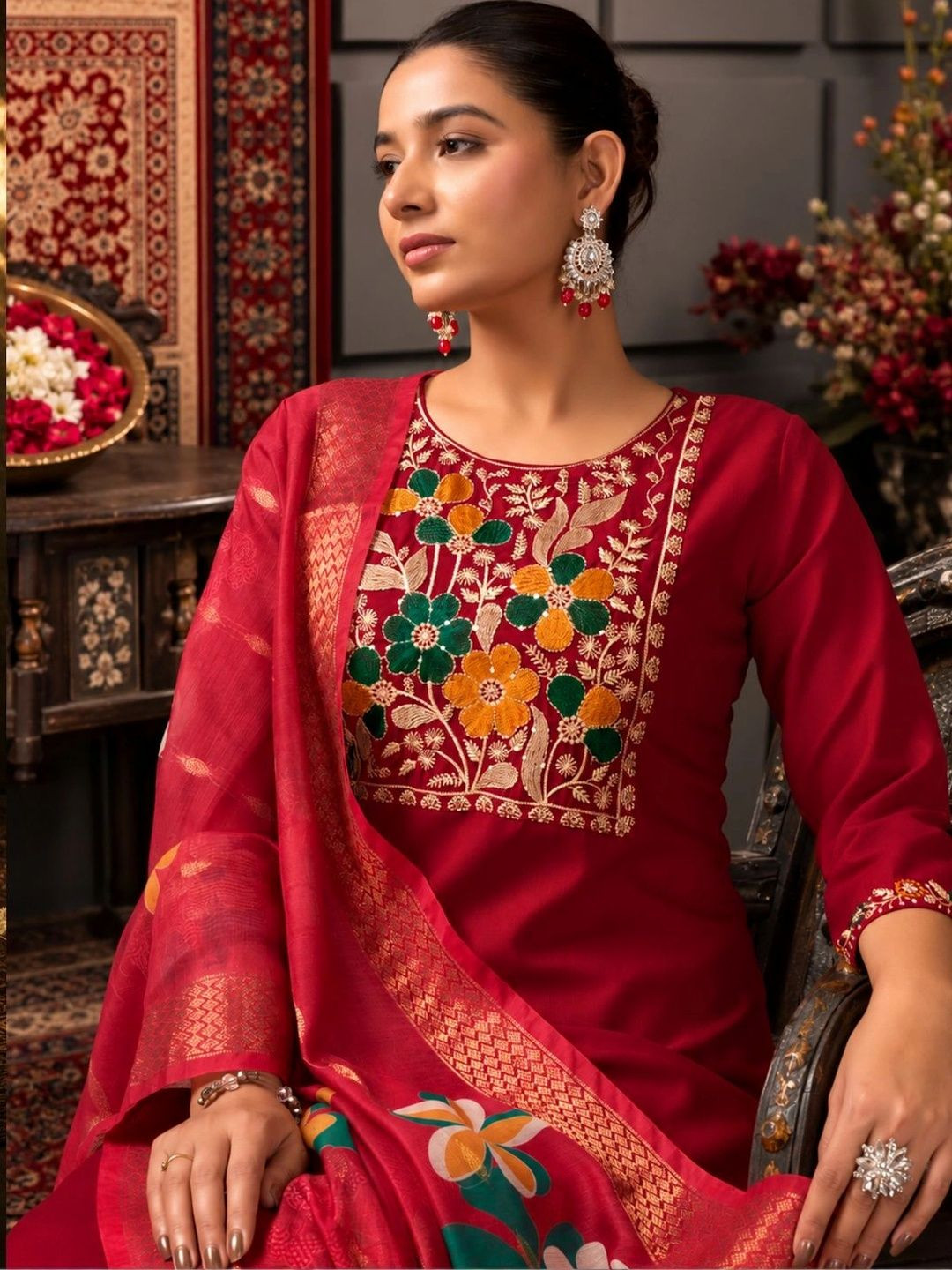 PAUSE Women Ethnic Motifs Embroidered Regular Thread Work Kurta with Trousers & With Dupatta