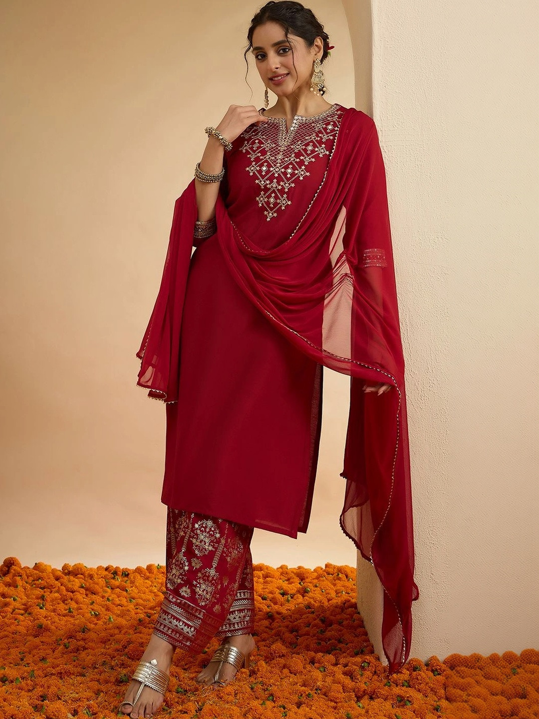 Janasya Women Ethnic Motifs Embroidered Regular Gotta Patti Chanderi Silk Kurta with Trousers & With Dupatta