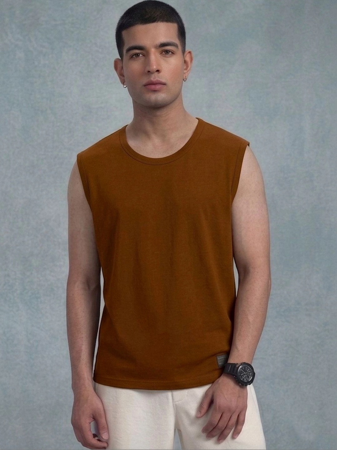 Men Solid Brown Sleeveless Regular Fit Tshirt