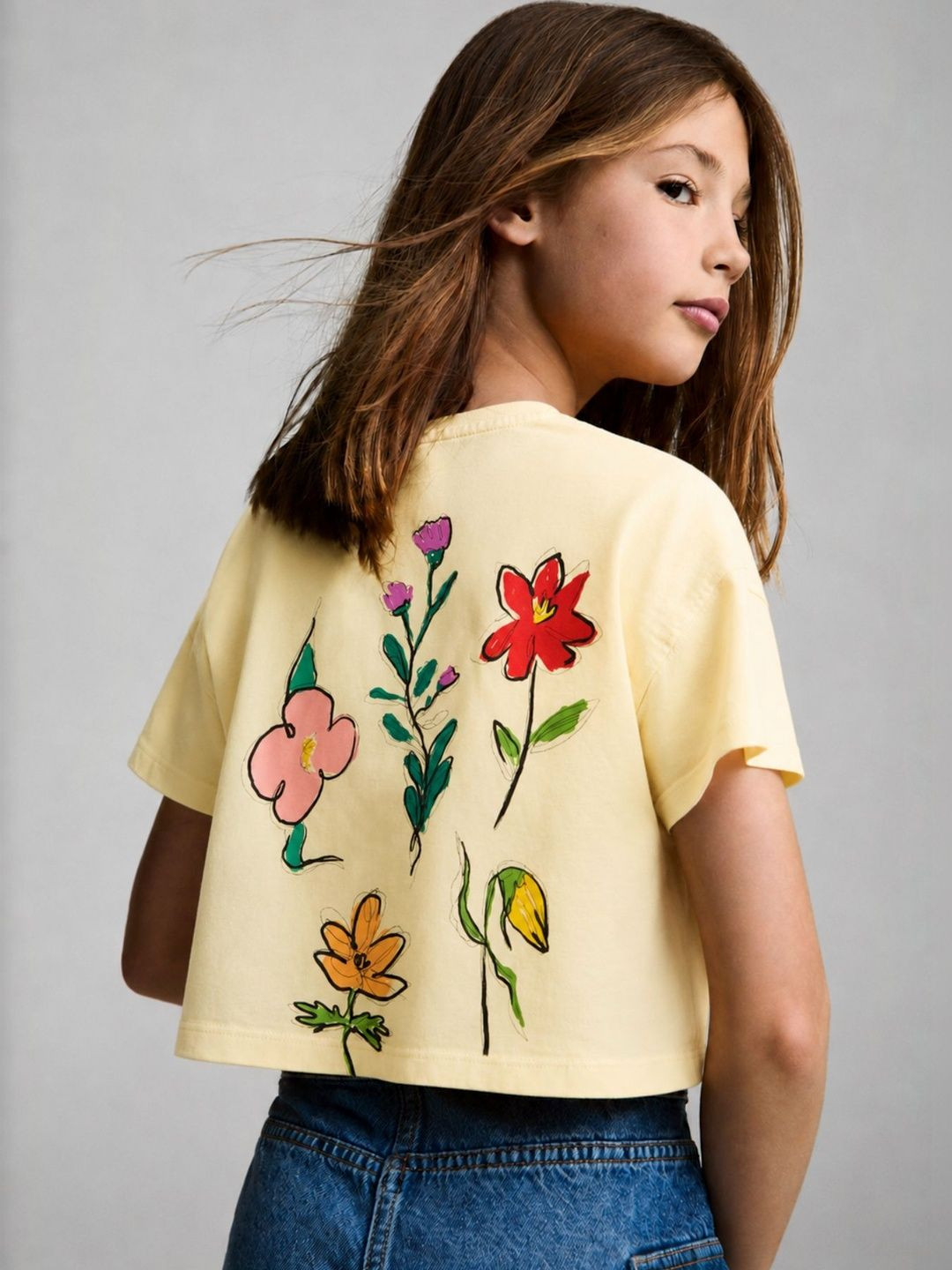 Alan Jones Girls Floral Printed Drop-Shoulder Sleeves T-shirt