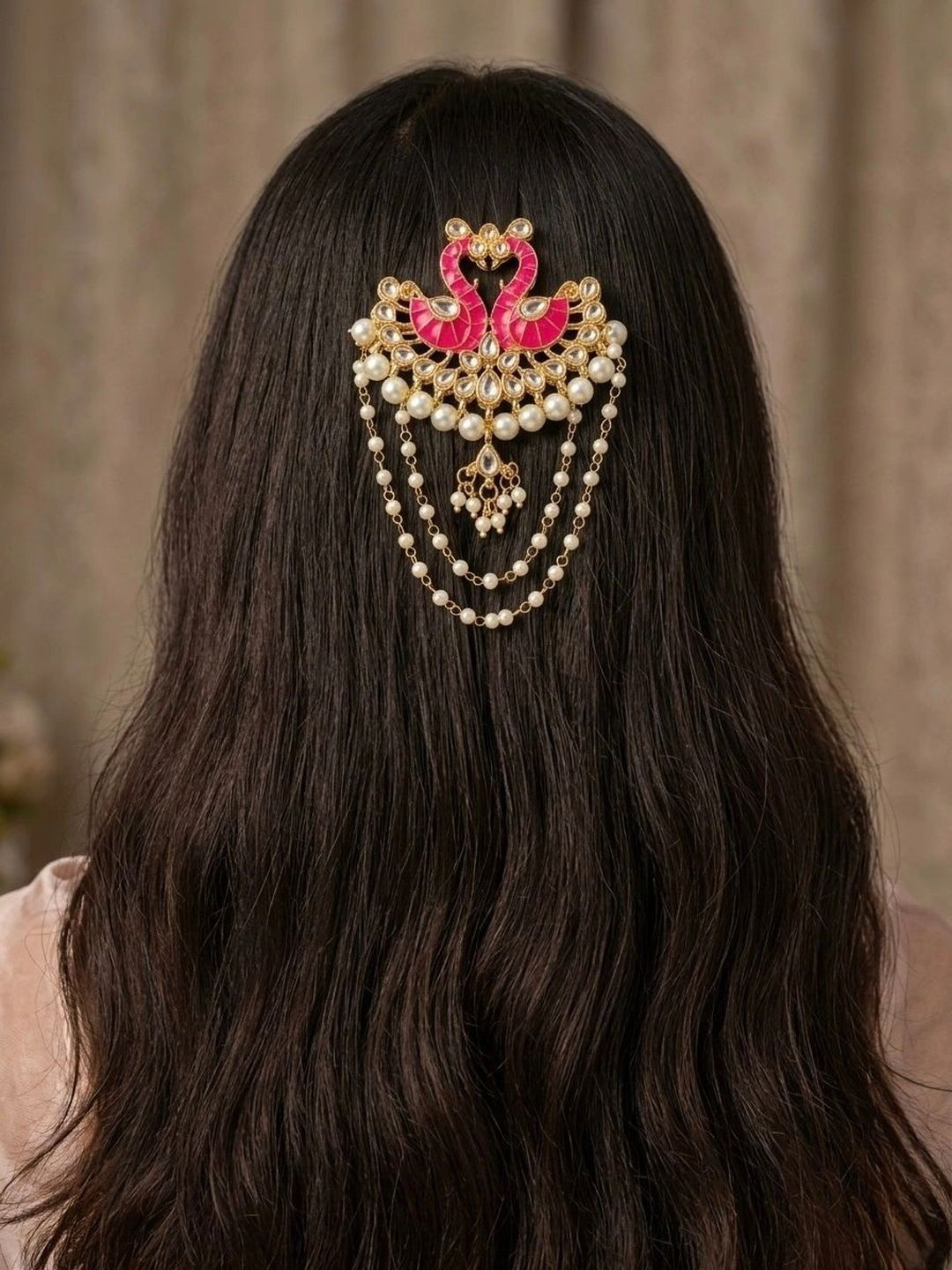 Pearls N Twirls Women Pink Swan Kundan Pin with Embellished Hair Accessory Set