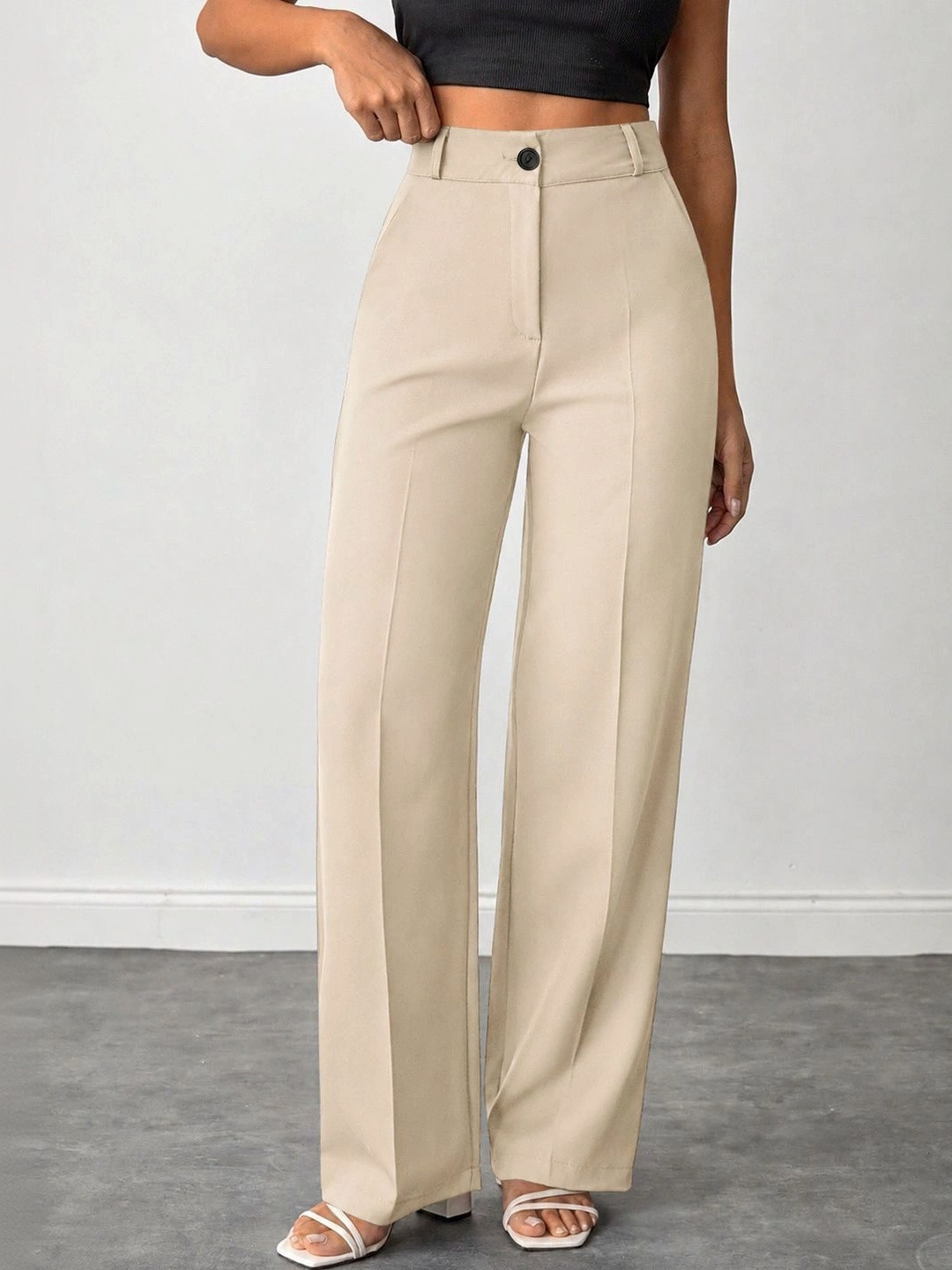 BAESD Women Relaxed Straight Leg High-Rise Easy Wash Trousers