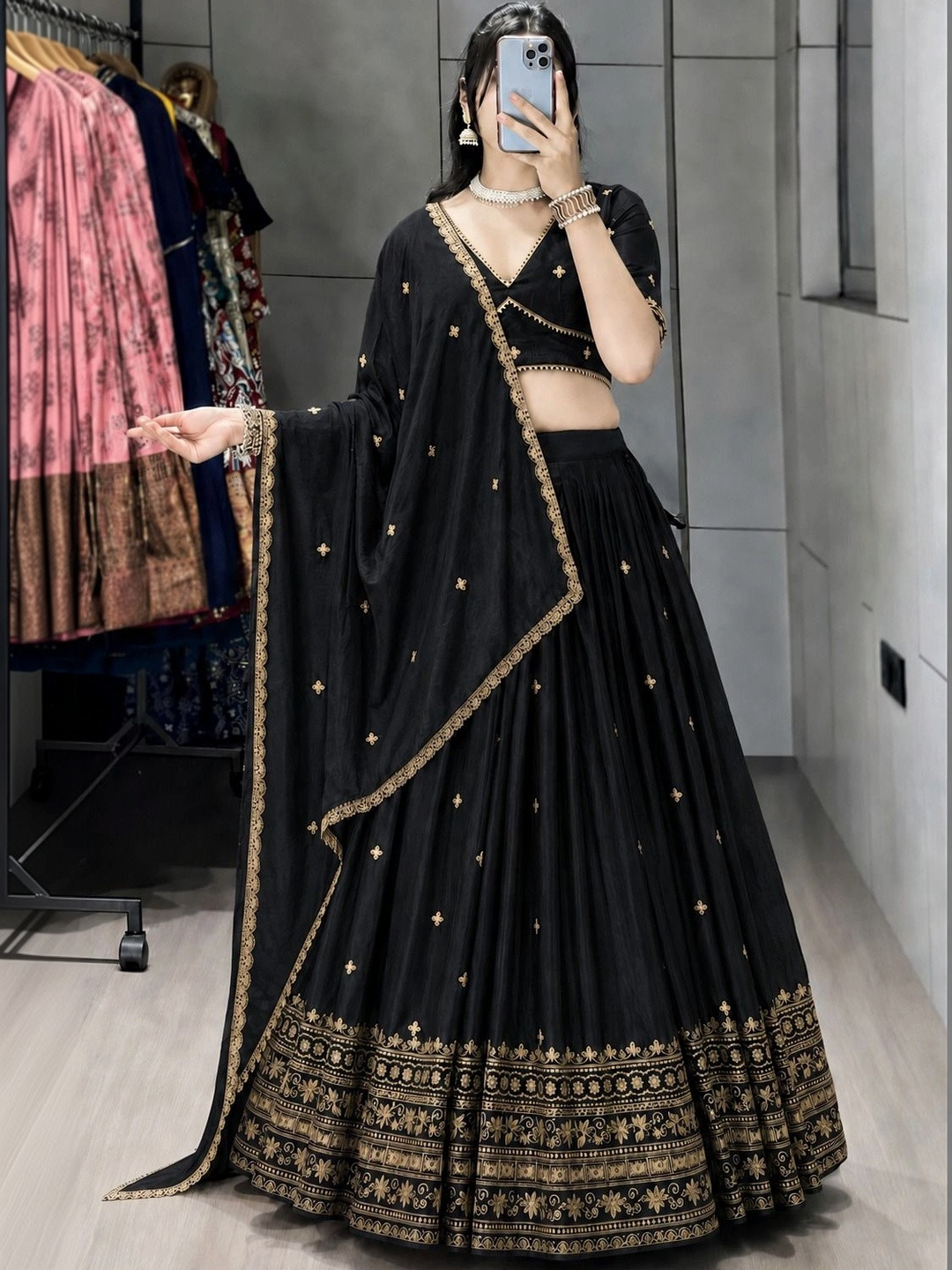 BAESD Embroidered Thread Work Semi-Stitched Lehenga & Unstitched Blouse With Dupatta