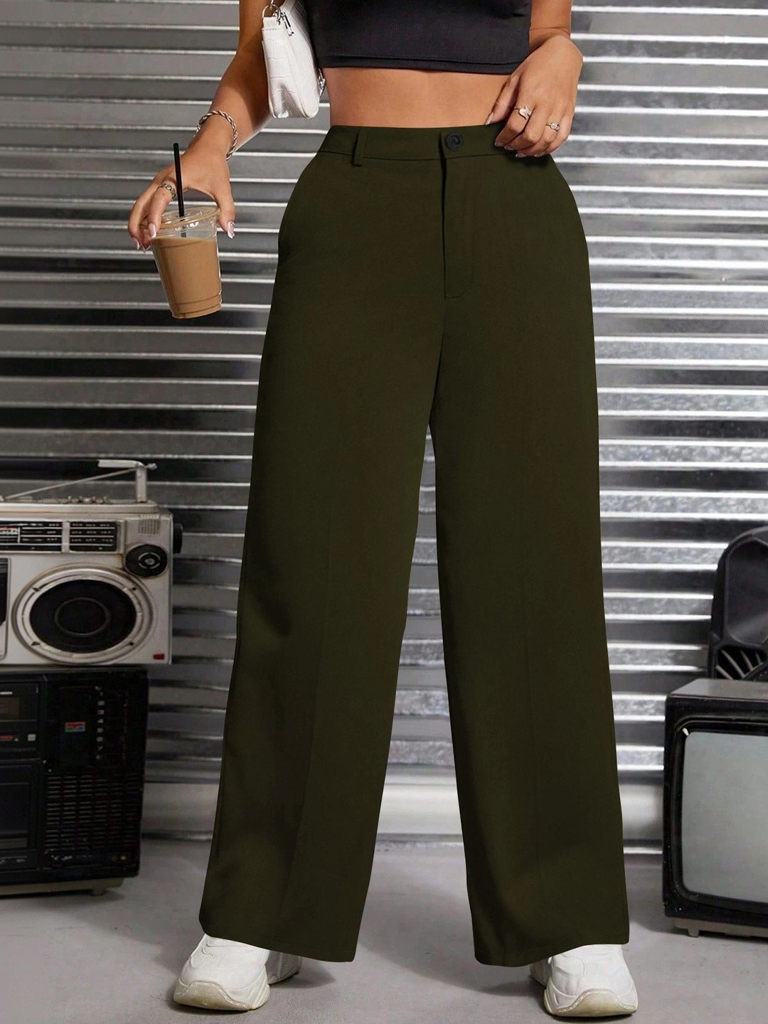 BAESD Women Relaxed Straight Leg High-Rise Easy Wash Trousers