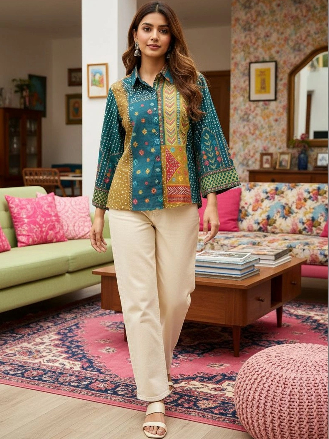 Anouk Ethnic Motifs Printed Shirt Collar Pure Cotton Blend Kurti